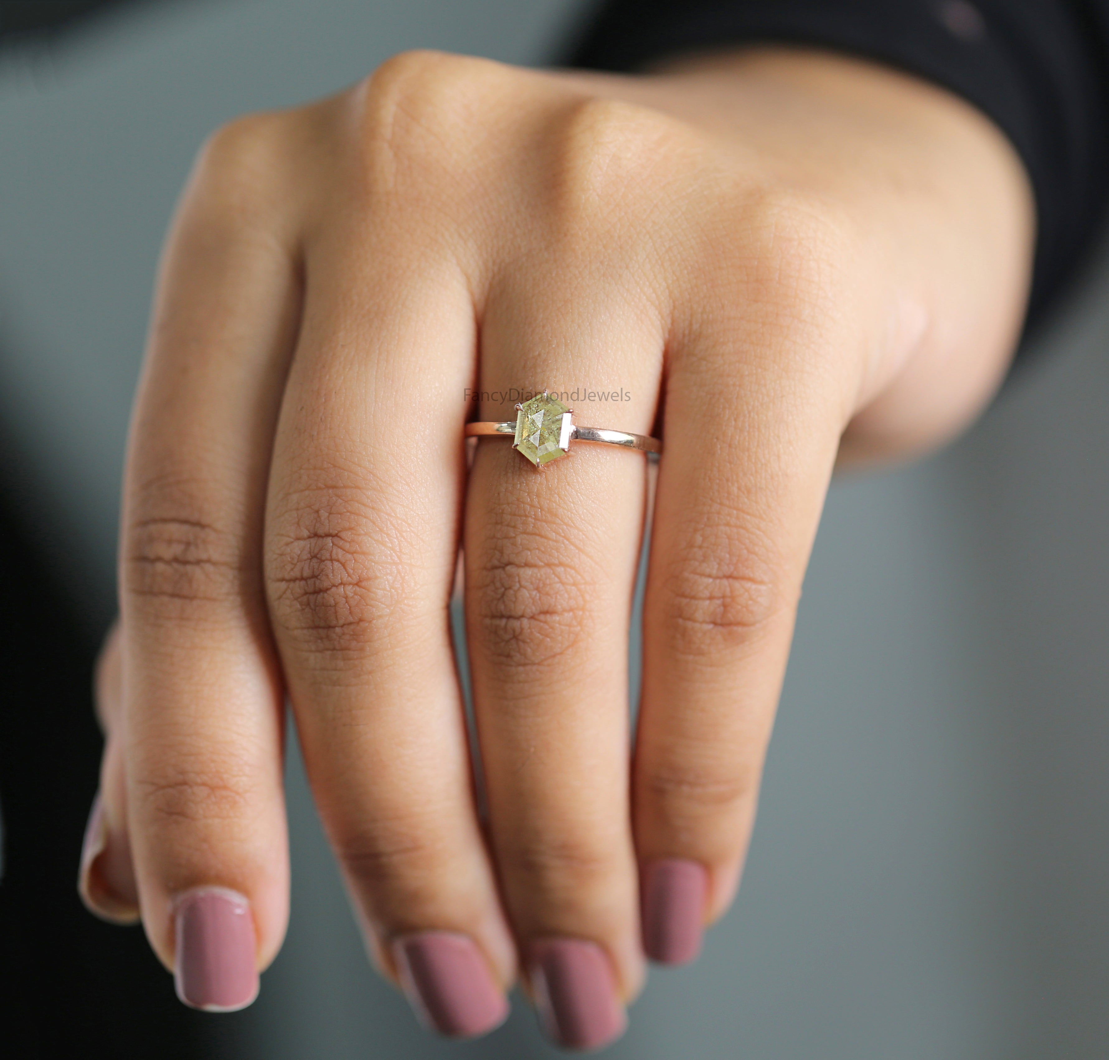 Hexagon Yellow Color Diamond Ring 0.69 Ct 7.20 MM Hexagon Shape Diamond Ring 14K Solid Rose Gold Silver Engagement Ring Gift For Her QN9882