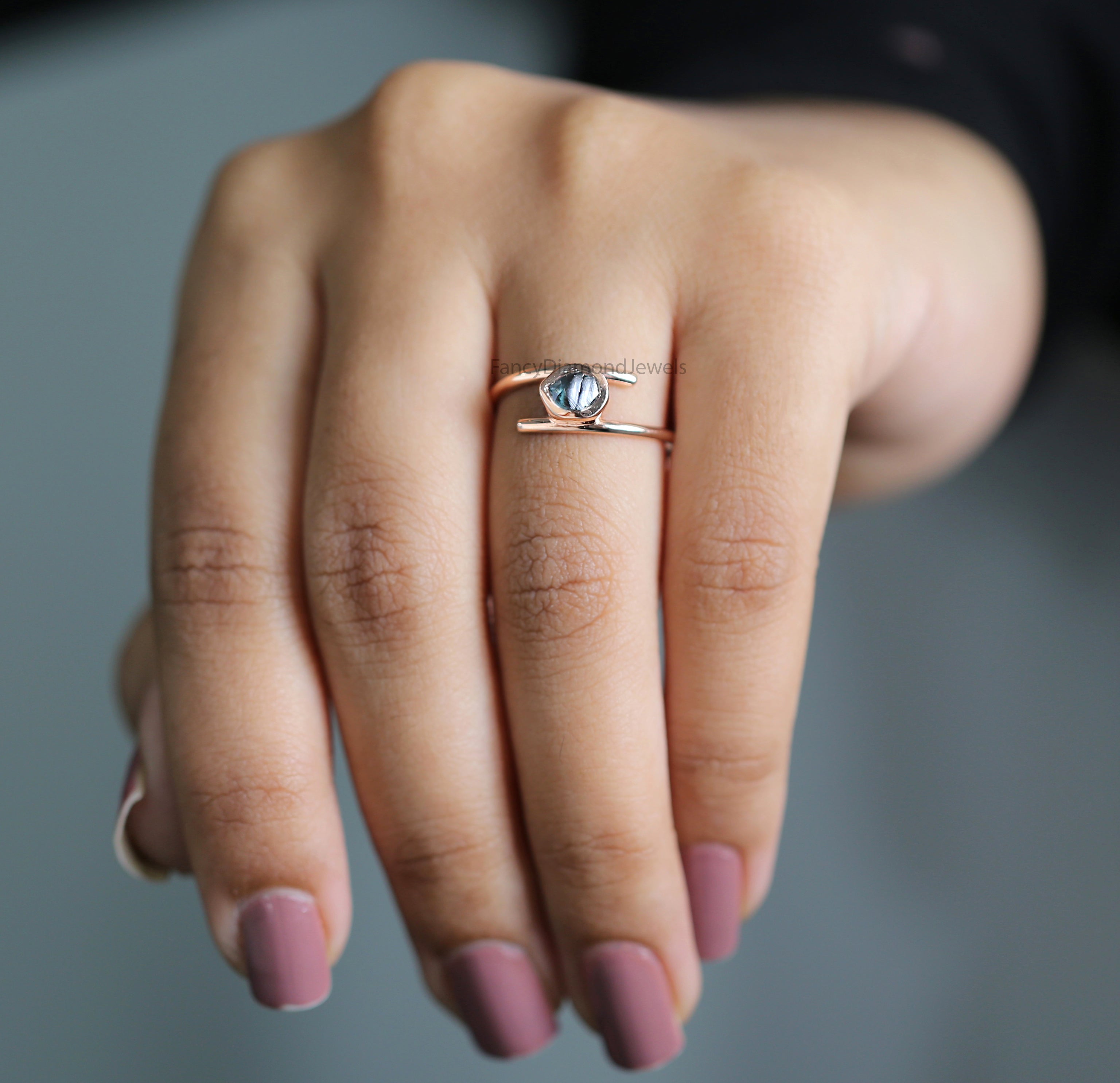 Rough Blue Color Diamond Ring 0.98 Ct 5.75 MM Crystal Rough Diamond Ring 14K Solid Rose Gold Silver Engagement Ring Gift For Her QLB2326