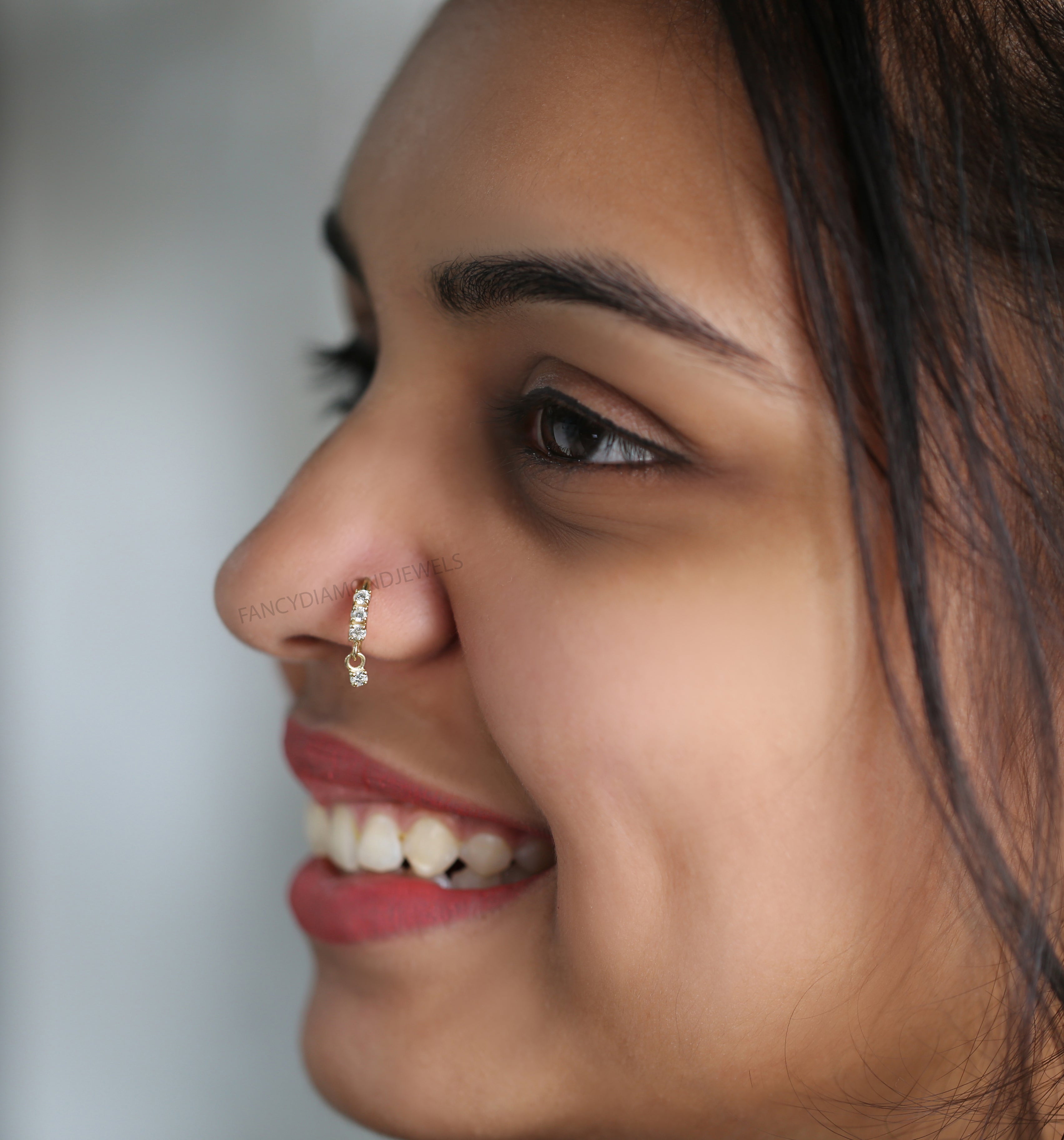 3 Diamond Gold Nose Ring With Diamond Dangling End Yellow Gold Nose Ring Gold Nose Ring Diamond Nose Stud Hoop FD486