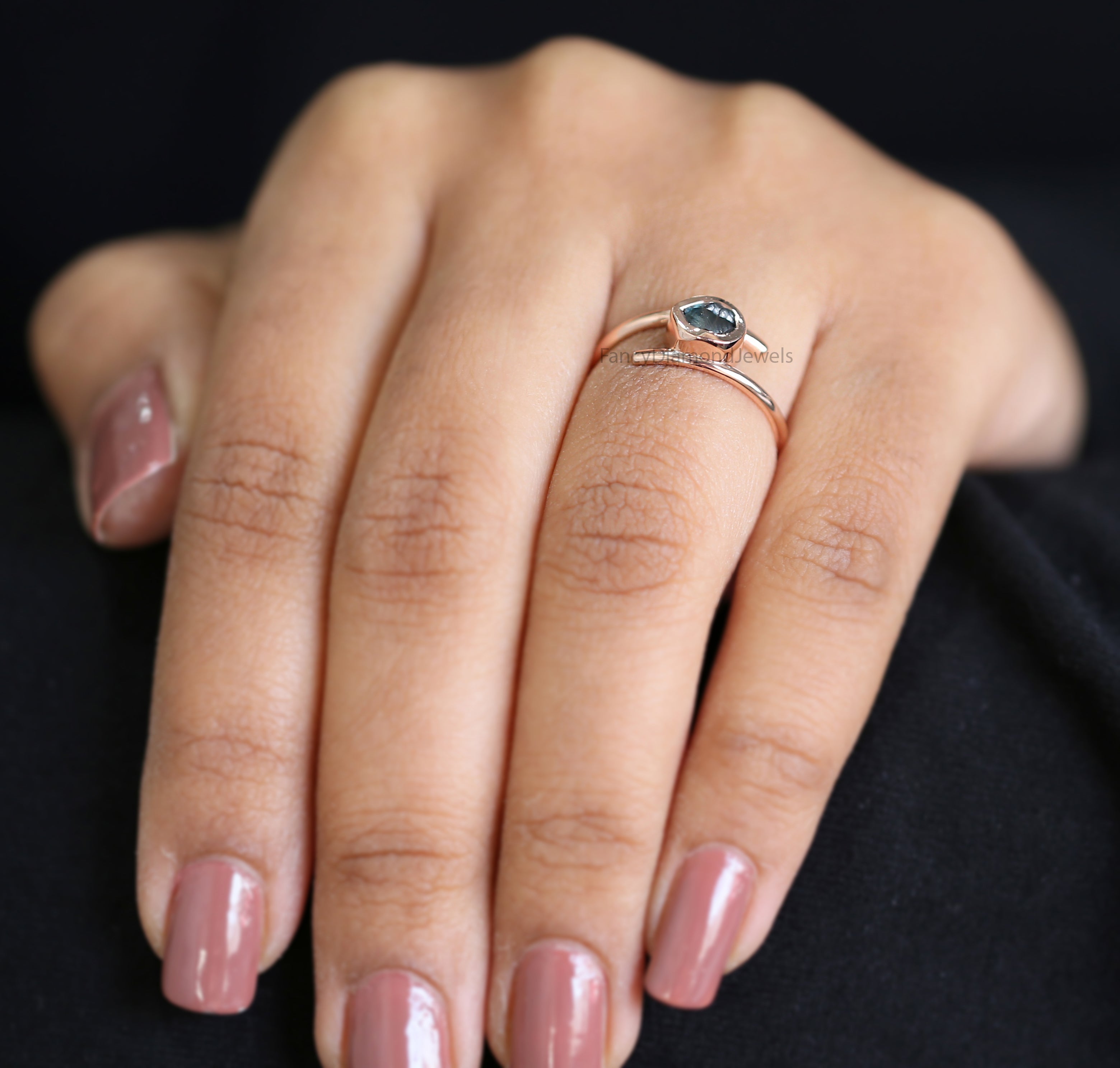Rough Blue Color Diamond Ring 0.98 Ct 5.75 MM Crystal Rough Diamond Ring 14K Solid Rose Gold Silver Engagement Ring Gift For Her QLB2326