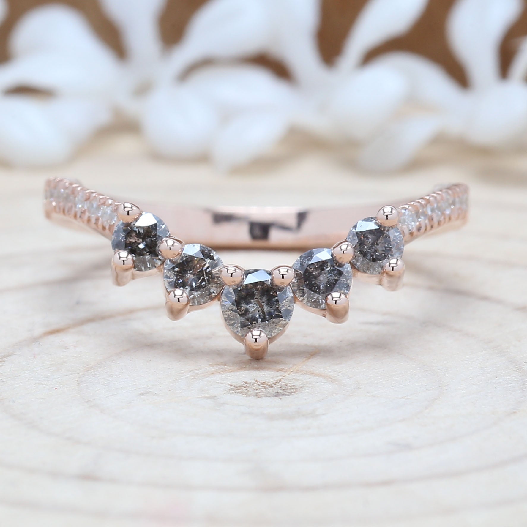 14K Solid Rose White Yellow Gold Band White Salt And Pepper Round Diamond Engagement Wedding Gift Band KD875
