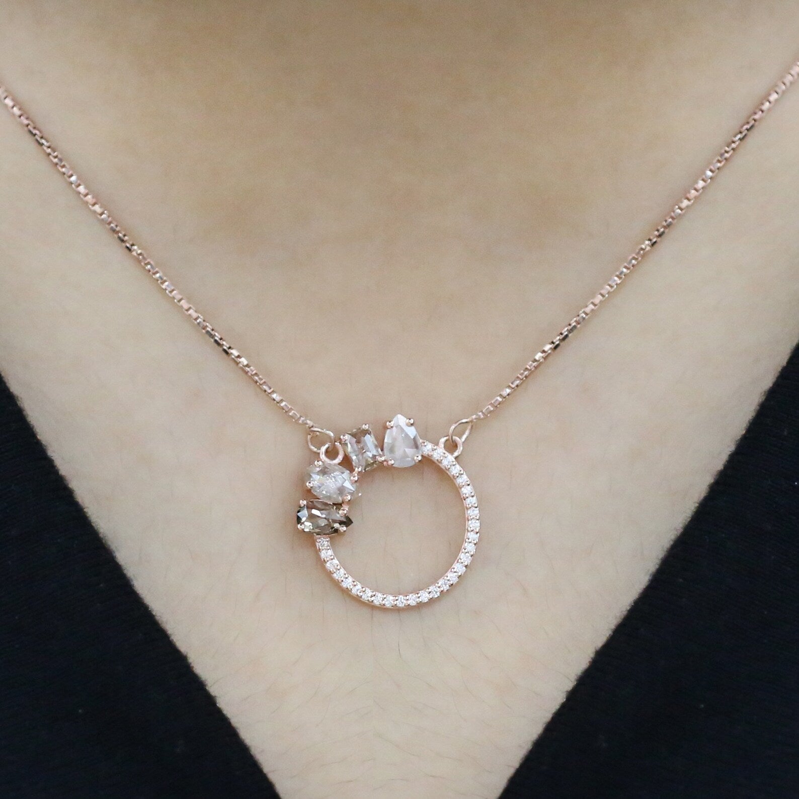 Mix Shape Salt And Pepper Diamond Pendant 0.94 CT 6.03 MM Mix Shape Cut Diamond Pendant 14K Solid Rose Gold Silver Engagement Pendant QL1974