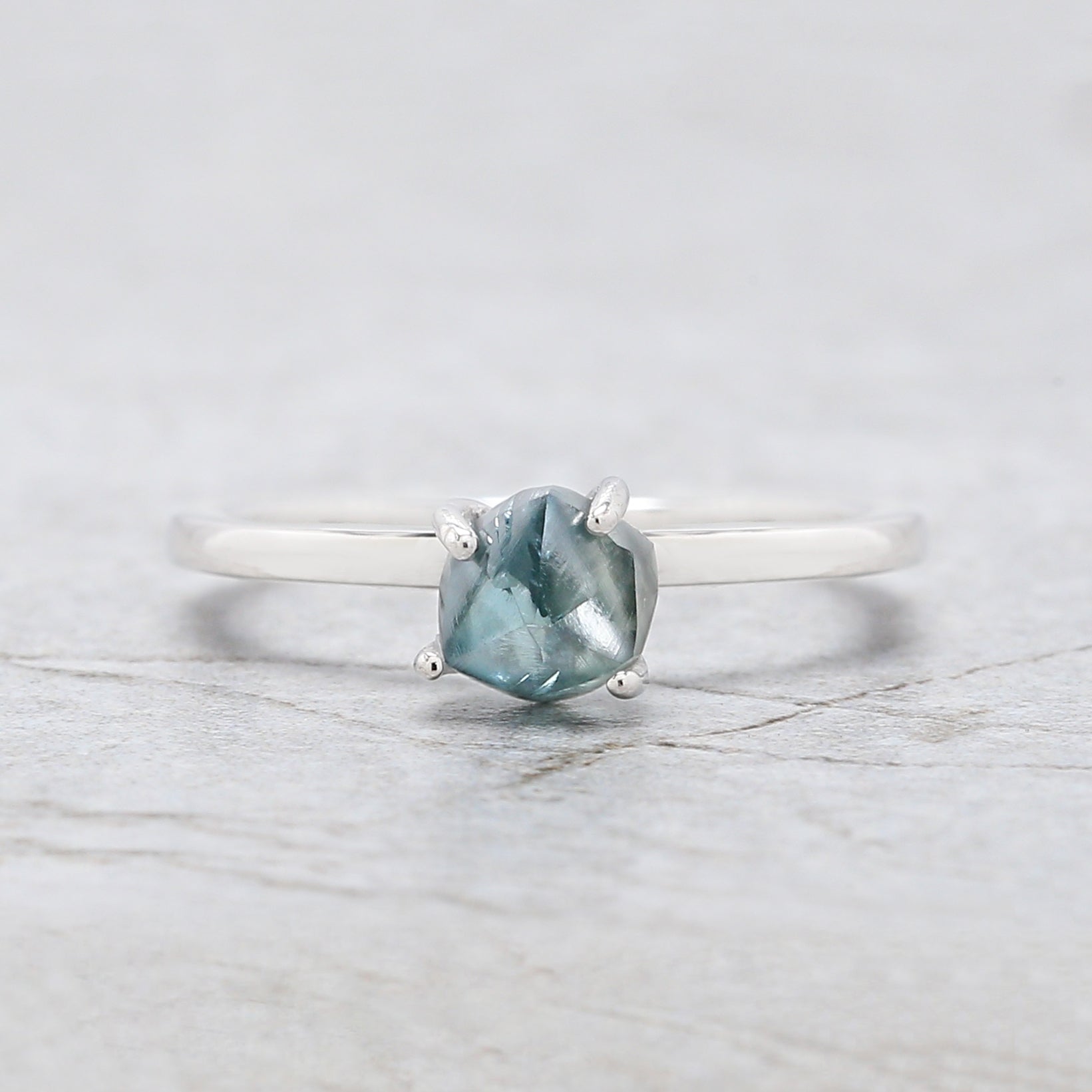 Rough Cut Blue Color Diamond Ring 1.35 Ct 6.40 MM Crystal Rough Diamond Ring 14K Solid White Gold Silver Engagement Ring Gift For Her QL2350