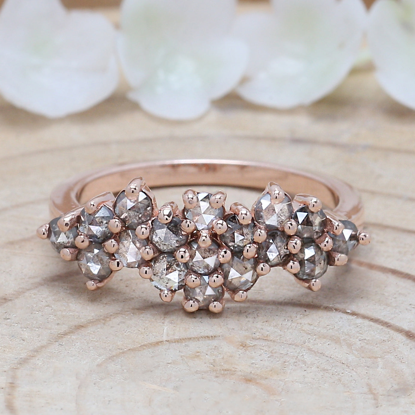 Round Rose Cut Salt And Pepper Diamond Ring 1.09 Ct 2.50 MM Round Diamond Ring 14K Rose Gold Silver Engagement Ring Gift For Her QK1430