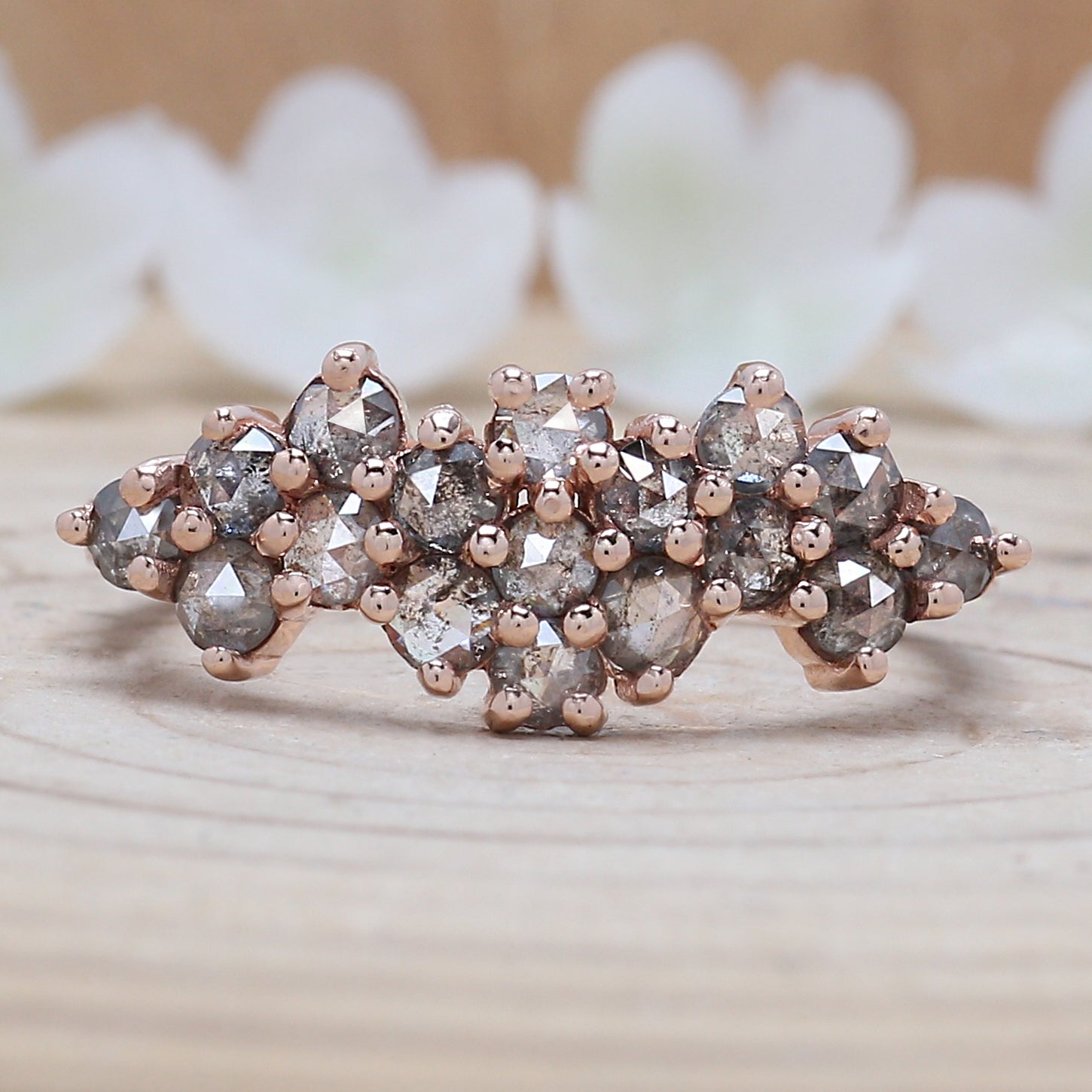 Round Rose Cut Salt And Pepper Diamond Ring 1.09 Ct 2.50 MM Round Diamond Ring 14K Rose Gold Silver Engagement Ring Gift For Her QK1430