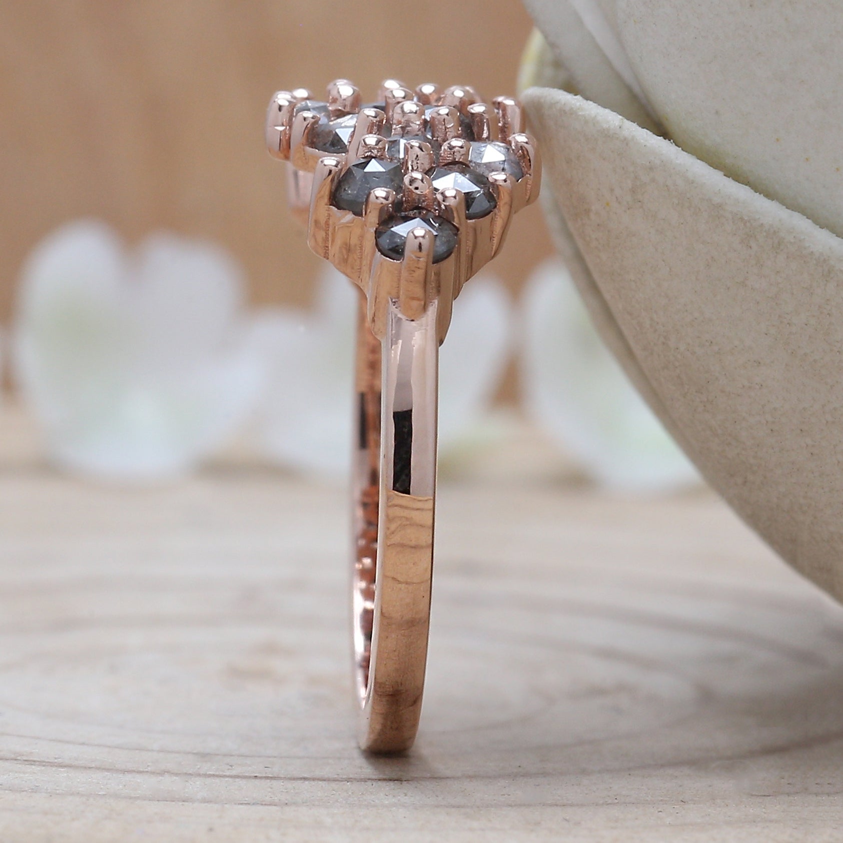 Round Rose Cut Salt And Pepper Diamond Ring 1.09 Ct 2.50 MM Round Diamond Ring 14K Rose Gold Silver Engagement Ring Gift For Her QK1430