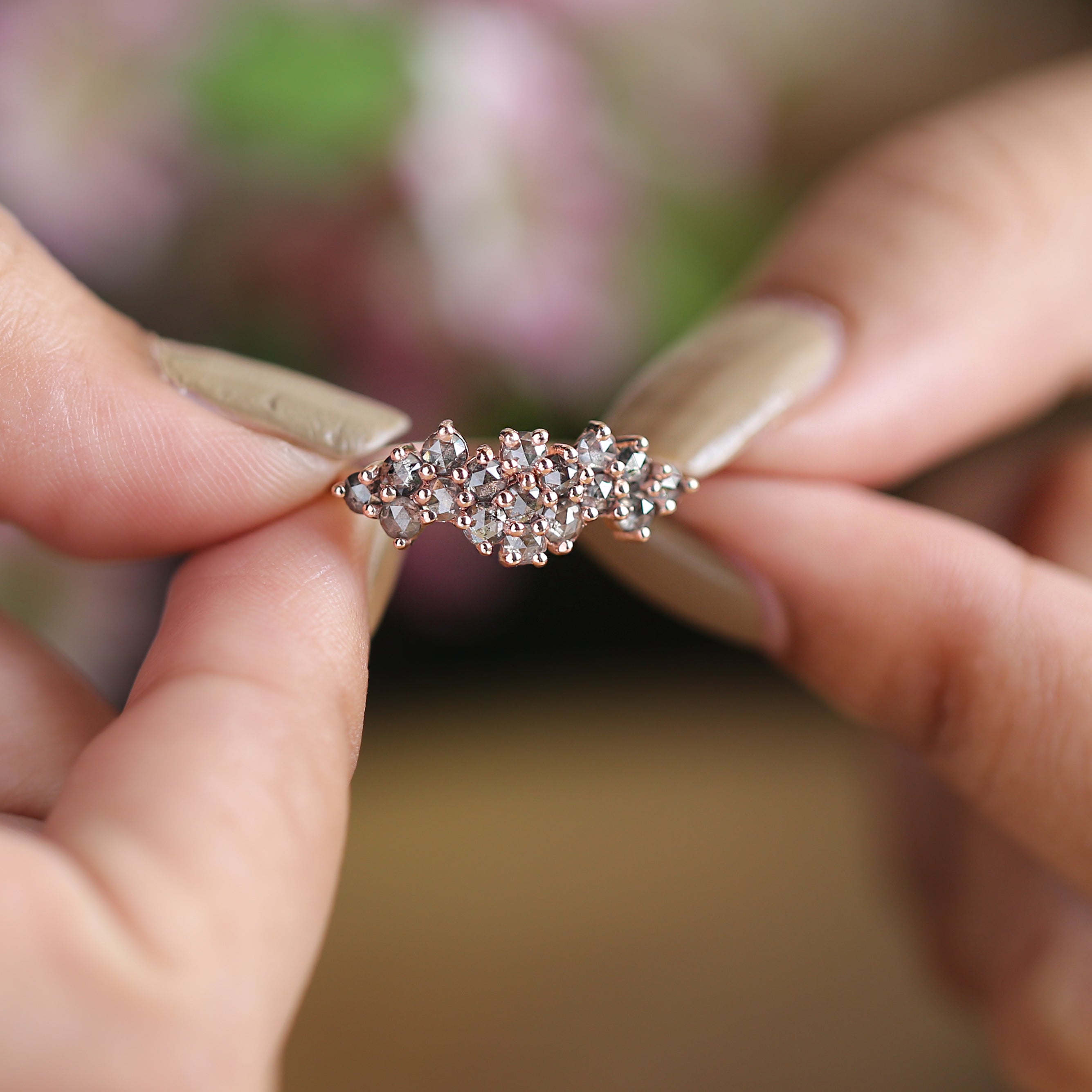 Round Rose Cut Salt And Pepper Diamond Ring 1.09 Ct 2.50 MM Round Diamond Ring 14K Rose Gold Silver Engagement Ring Gift For Her QK1430