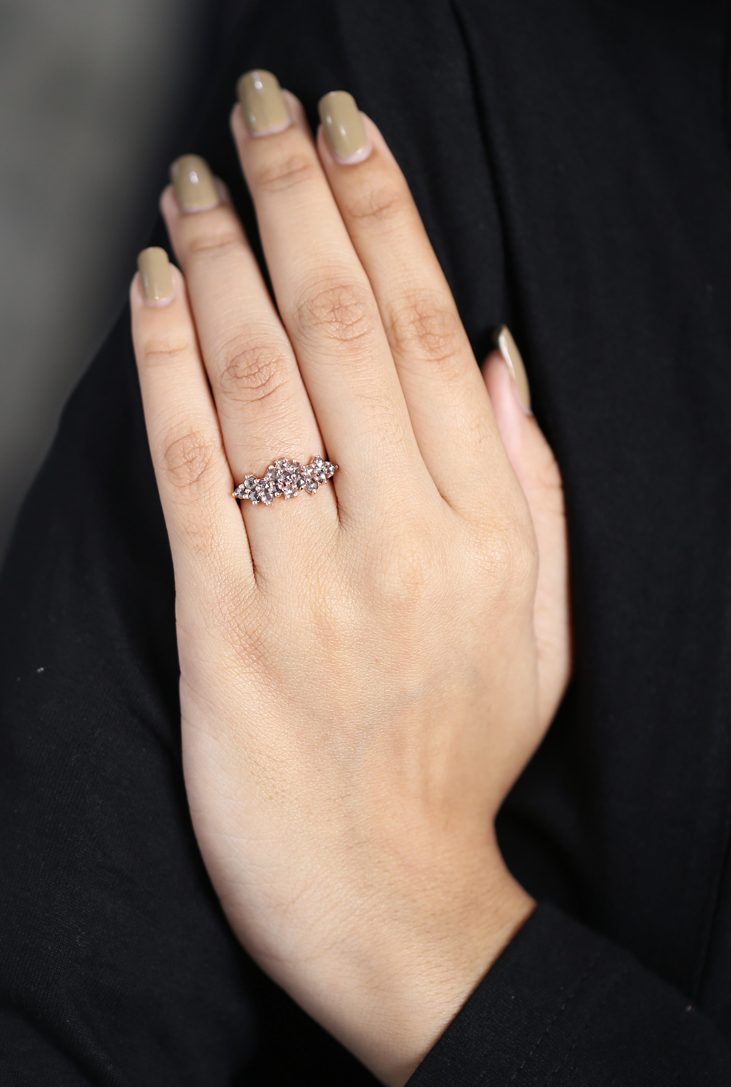 Round Rose Cut Salt And Pepper Diamond Ring 1.09 Ct 2.50 MM Round Diamond Ring 14K Rose Gold Silver Engagement Ring Gift For Her QK1430