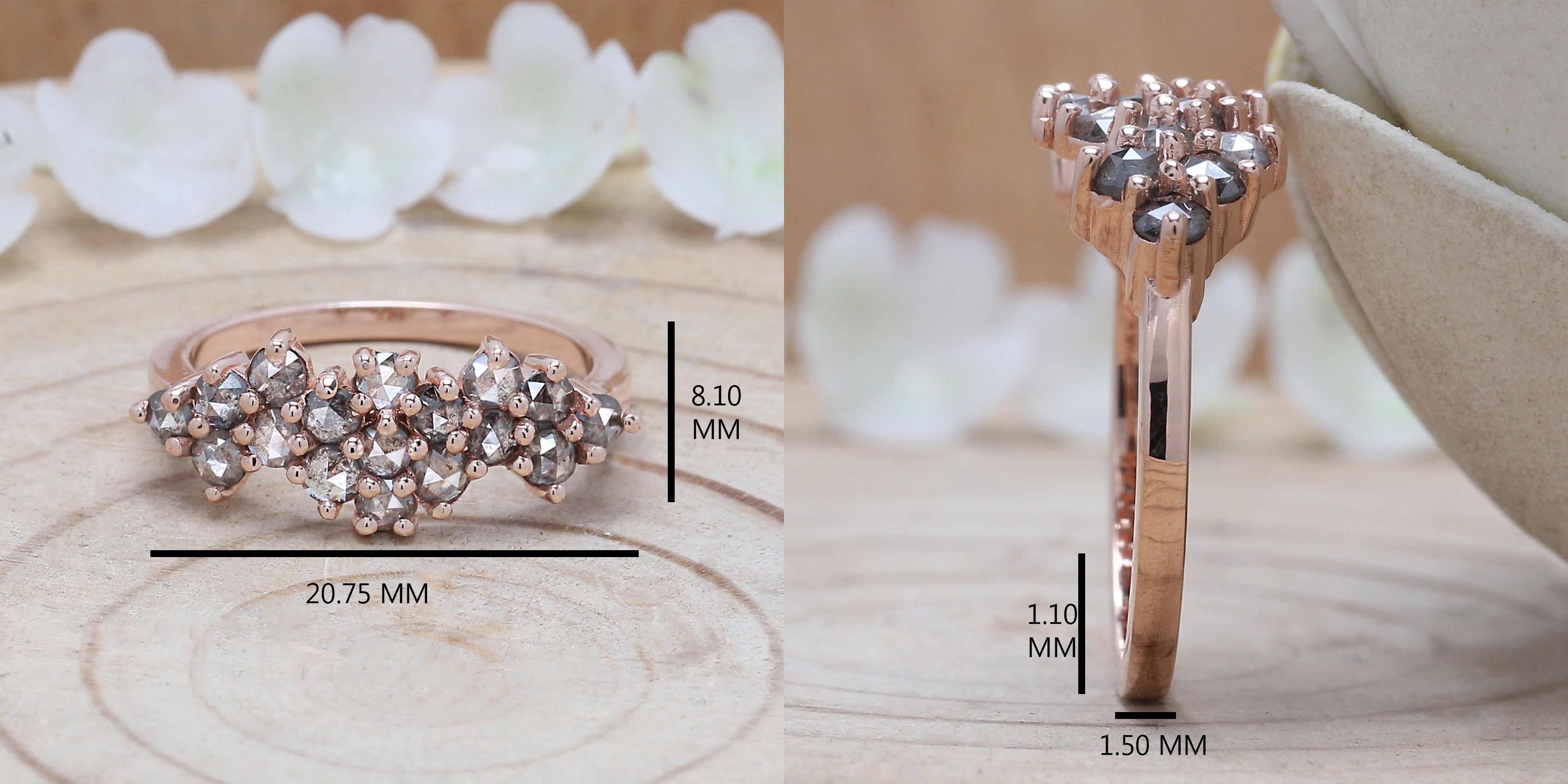 Round Rose Cut Salt And Pepper Diamond Ring 1.09 Ct 2.50 MM Round Diamond Ring 14K Rose Gold Silver Engagement Ring Gift For Her QK1430
