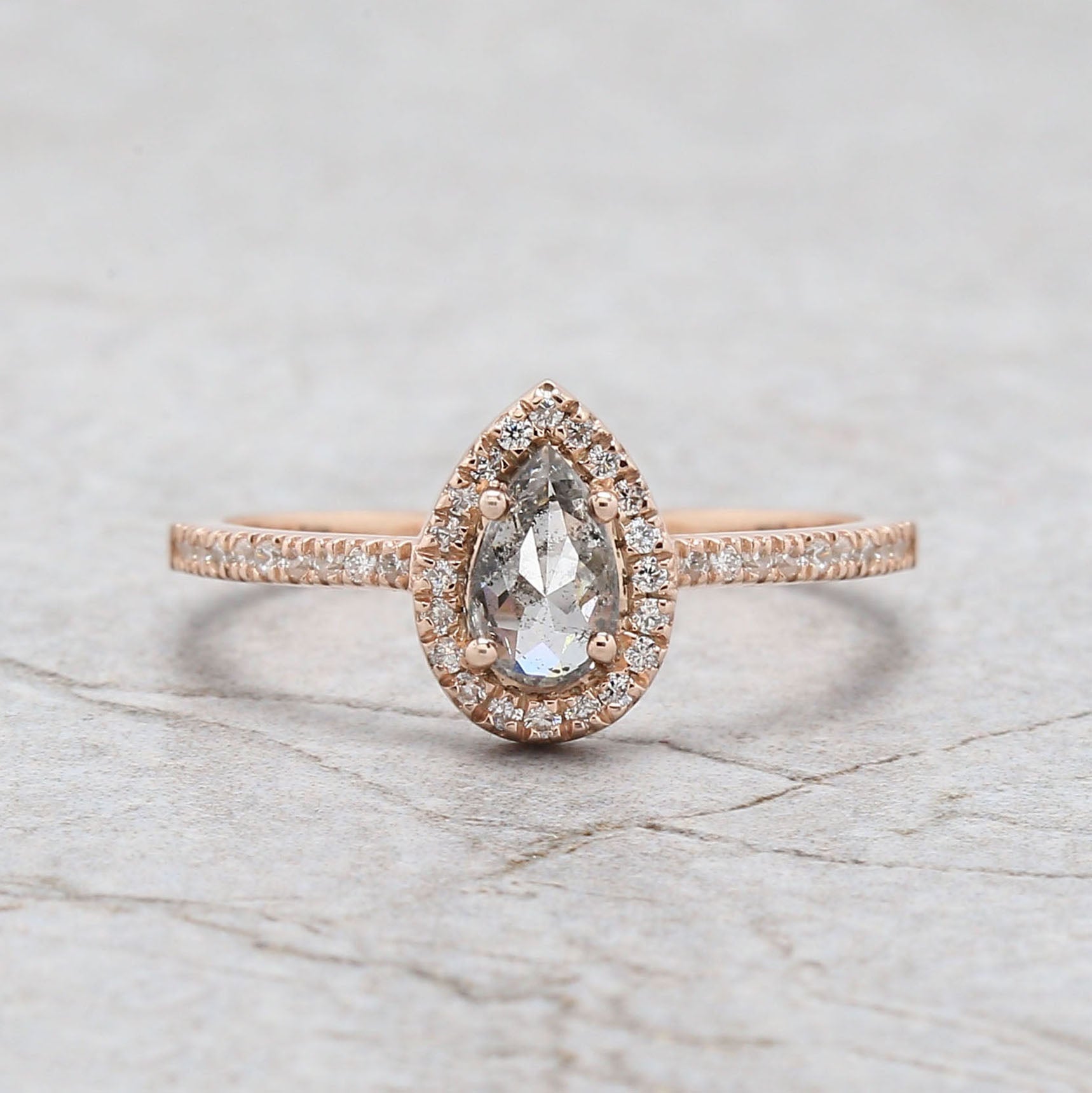 Pear Cut Salt And Pepper Diamond Ring 0.45 Ct 6.55 MM Pear Shape Diamond Ring 14K Solid Rose Gold Silver Engagement Ring Gift For Her QL3133