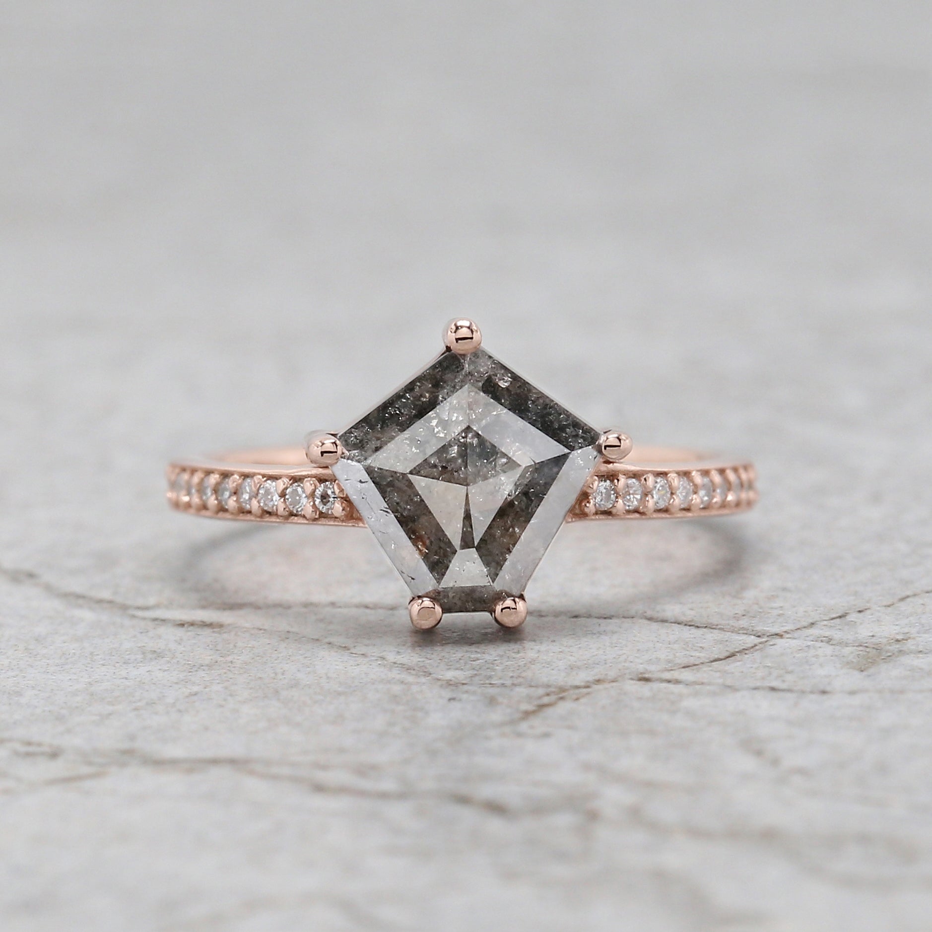 Pentagon Cut Salt And Pepper Diamond Ring 2.03 Ct 8.70 MM Pentagon Diamond Ring 14K Rose Gold Silver Engagement Ring Gift For Her QL9999