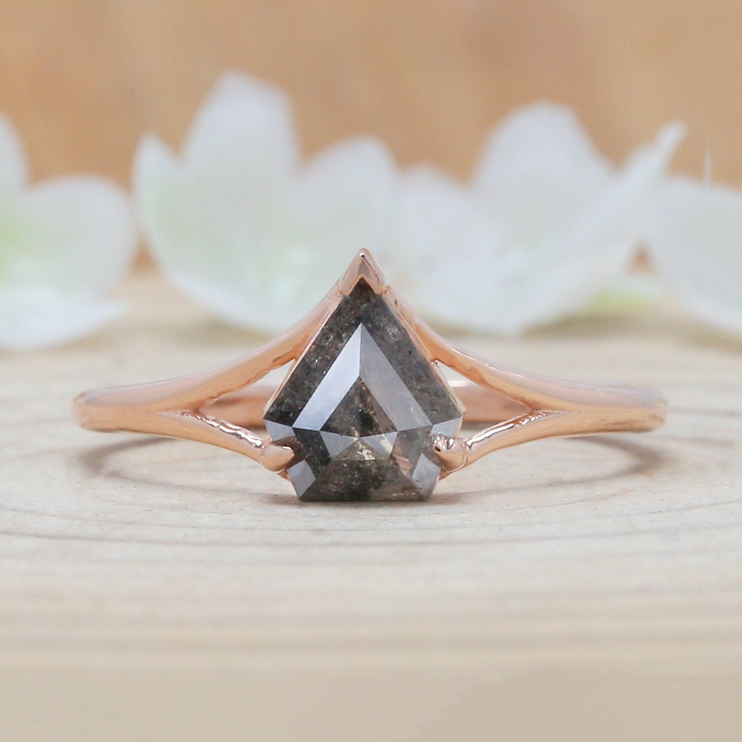 Shield Salt And Pepper Diamond Ring 0.88 Ct 7.20 MM Shield Shape Diamond Ring 14K Solid Rose Gold Silver Engagement Ring Gift For Her QN9205