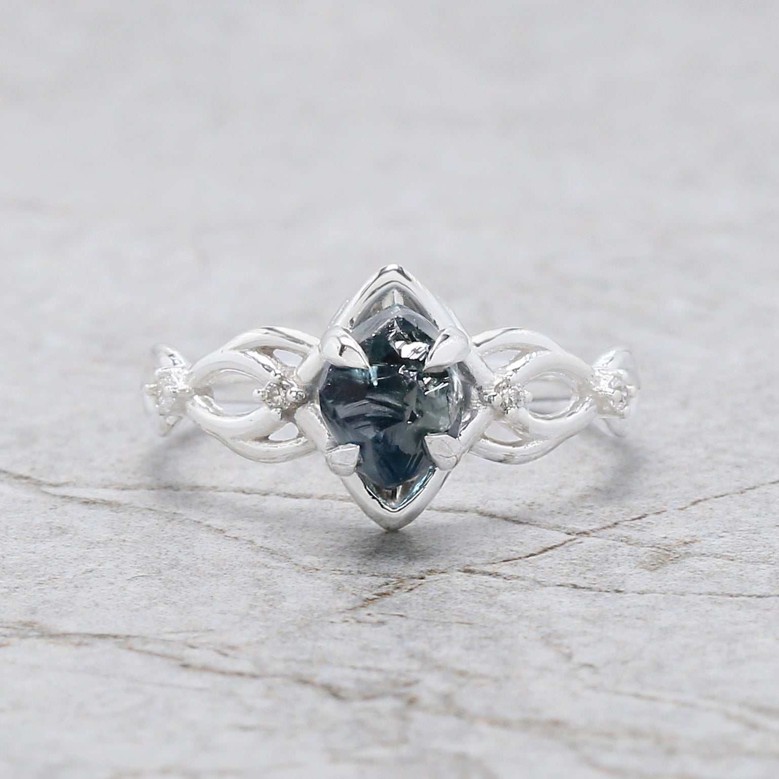 Rough Blue Color Diamond Ring 1.48 Ct 6.99 MM Crystal Rough Diamond Ring 14K Solid White Gold Silver Engagement Ring Gift For Her QL2357