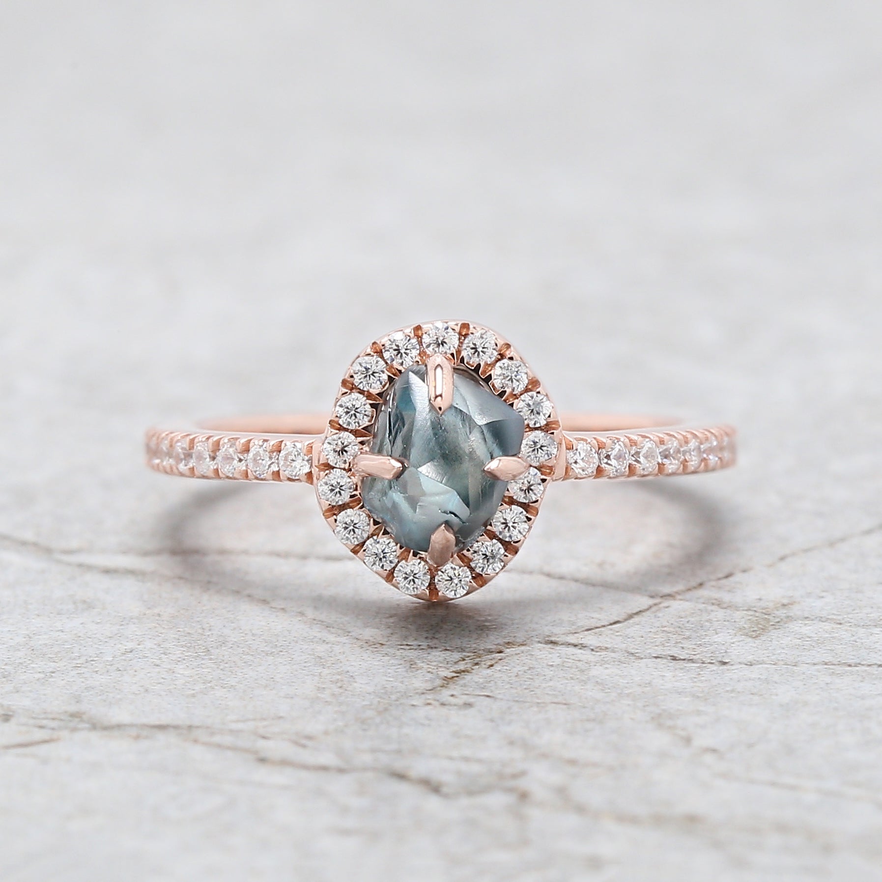 Rough Blue Color Diamond Ring 1.34 Ct 6.23 MM Crystal Rough Diamond Ring 14K Solid Rose Gold Silver Engagement Ring Gift For Her QL2301
