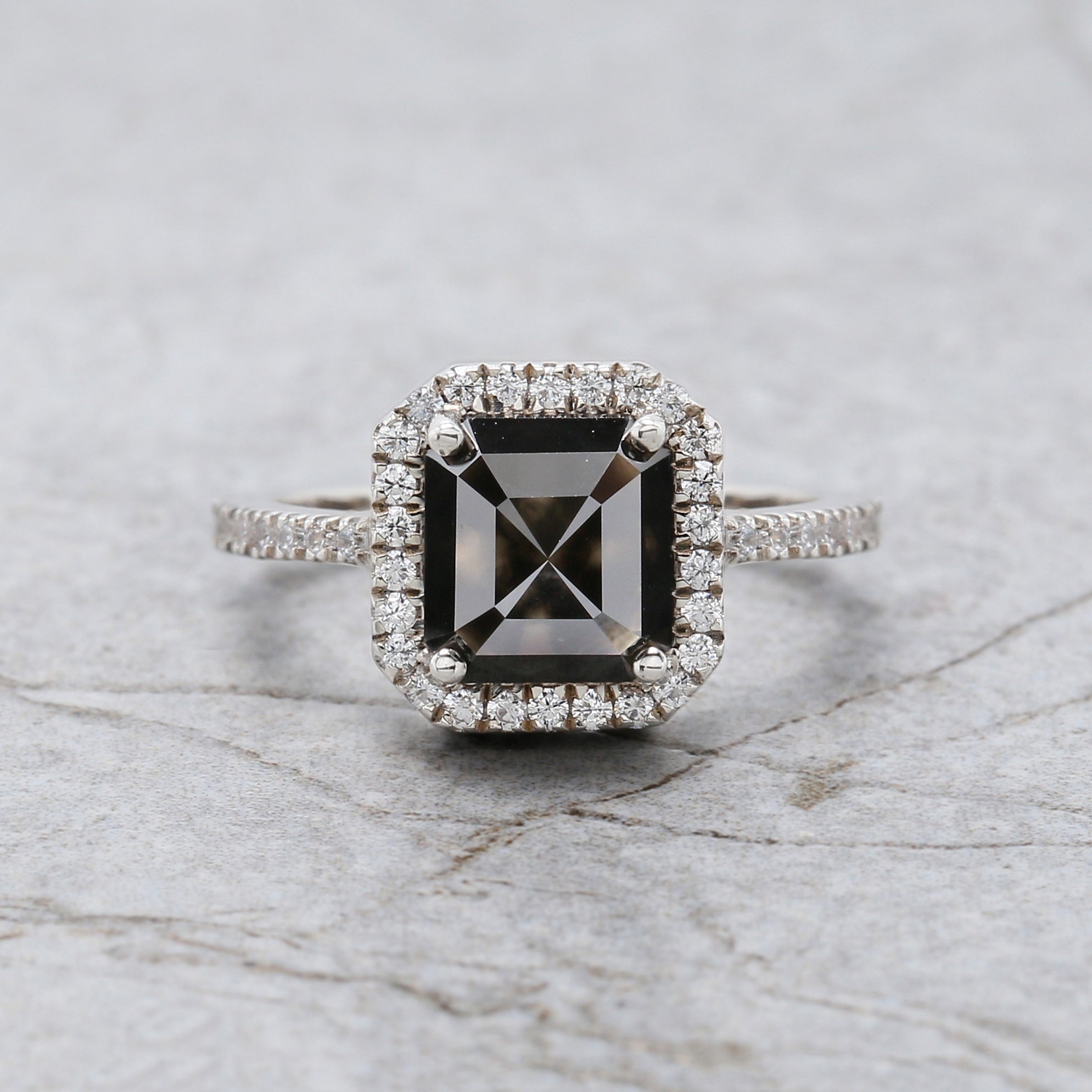 Emerald Cut Salt And Pepper Diamond Ring 3.05 Ct 7.90 MM Emerald Diamond Ring 14K Solid White Gold Silver Engagement Ring Gift For Her QL9503