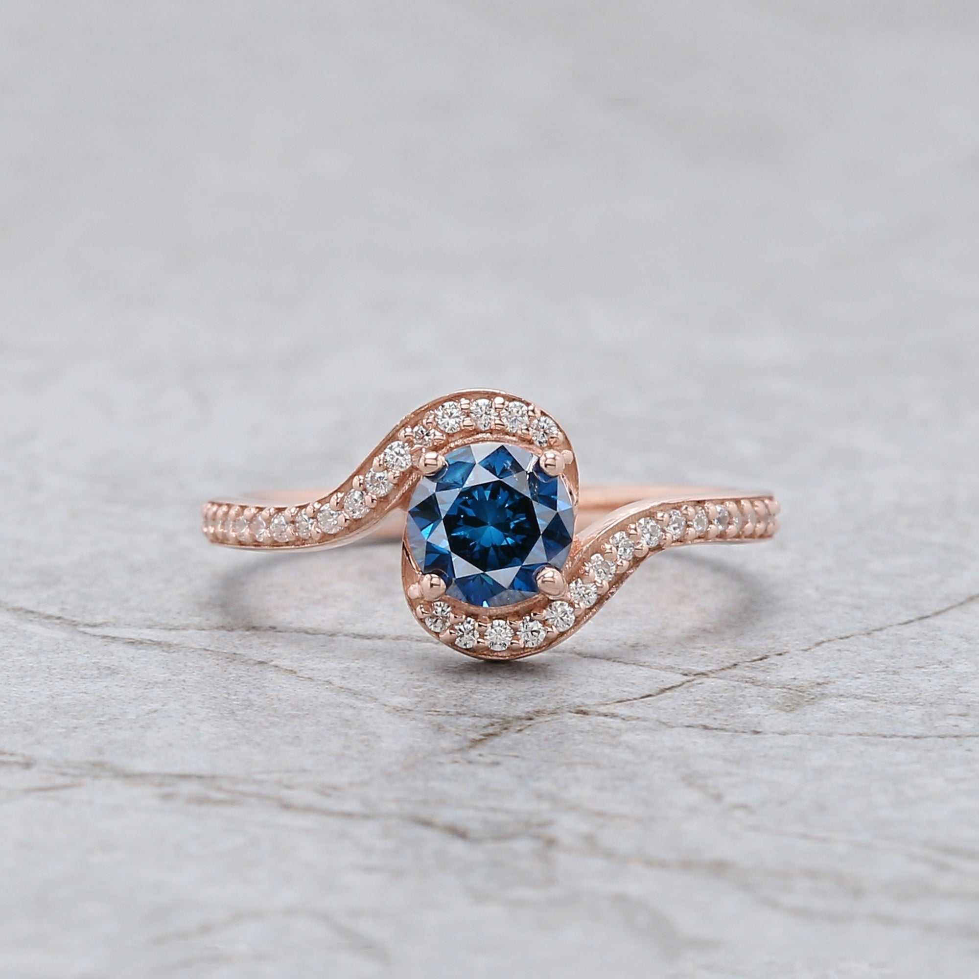 Round Cut Blue Color Diamond Ring 0.70 Ct 5.38 MM Round Shape Diamond Ring 14K Rose Gold Silver Round Engagement Ring Gift For Her QL2043