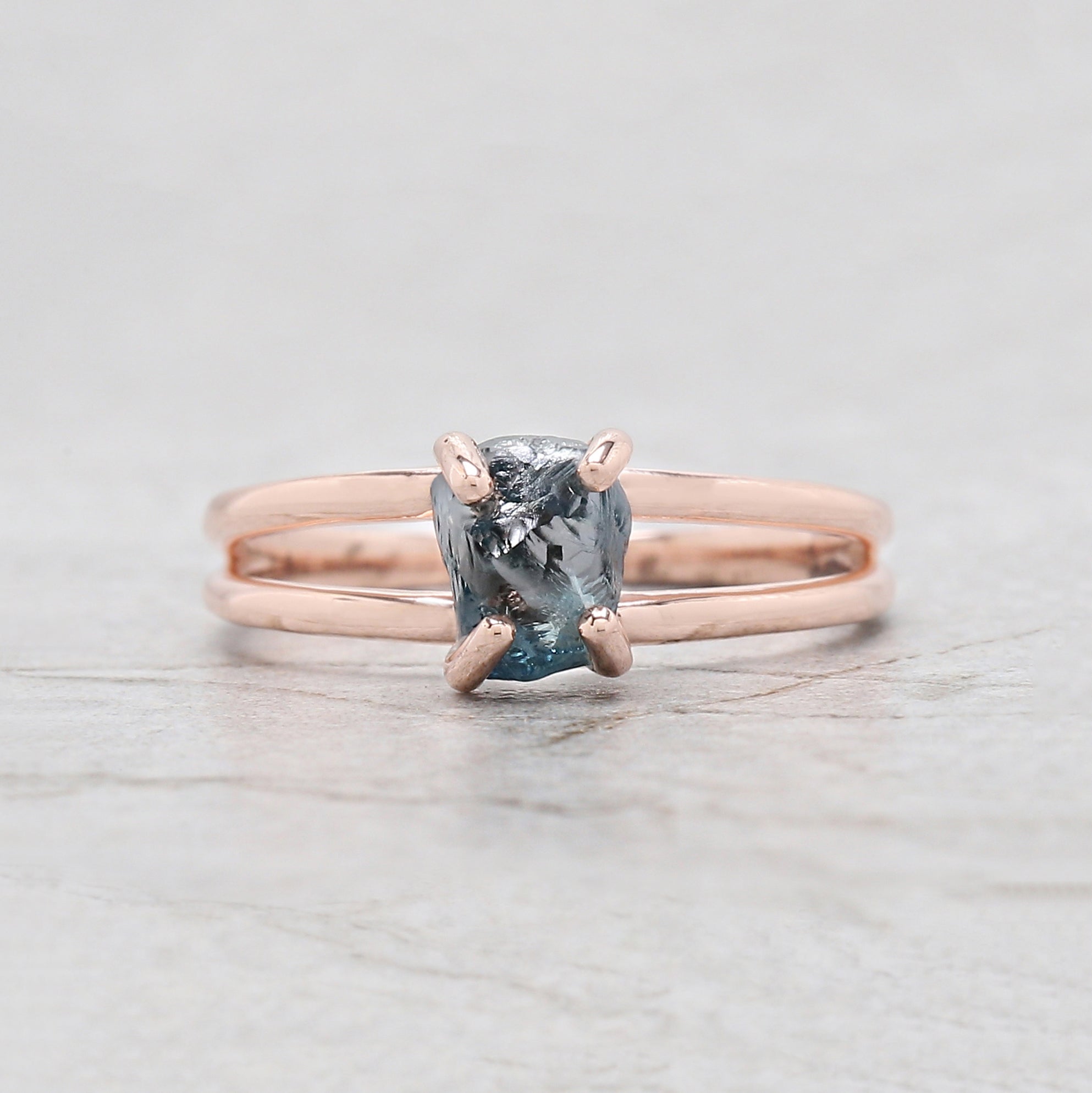 Rough Blue Color Diamond Ring 1.40 Ct 6.60 MM Crystal Rough Diamond Ring 14K Solid Rose Gold Silver Engagement Ring Gift For Her QL2329