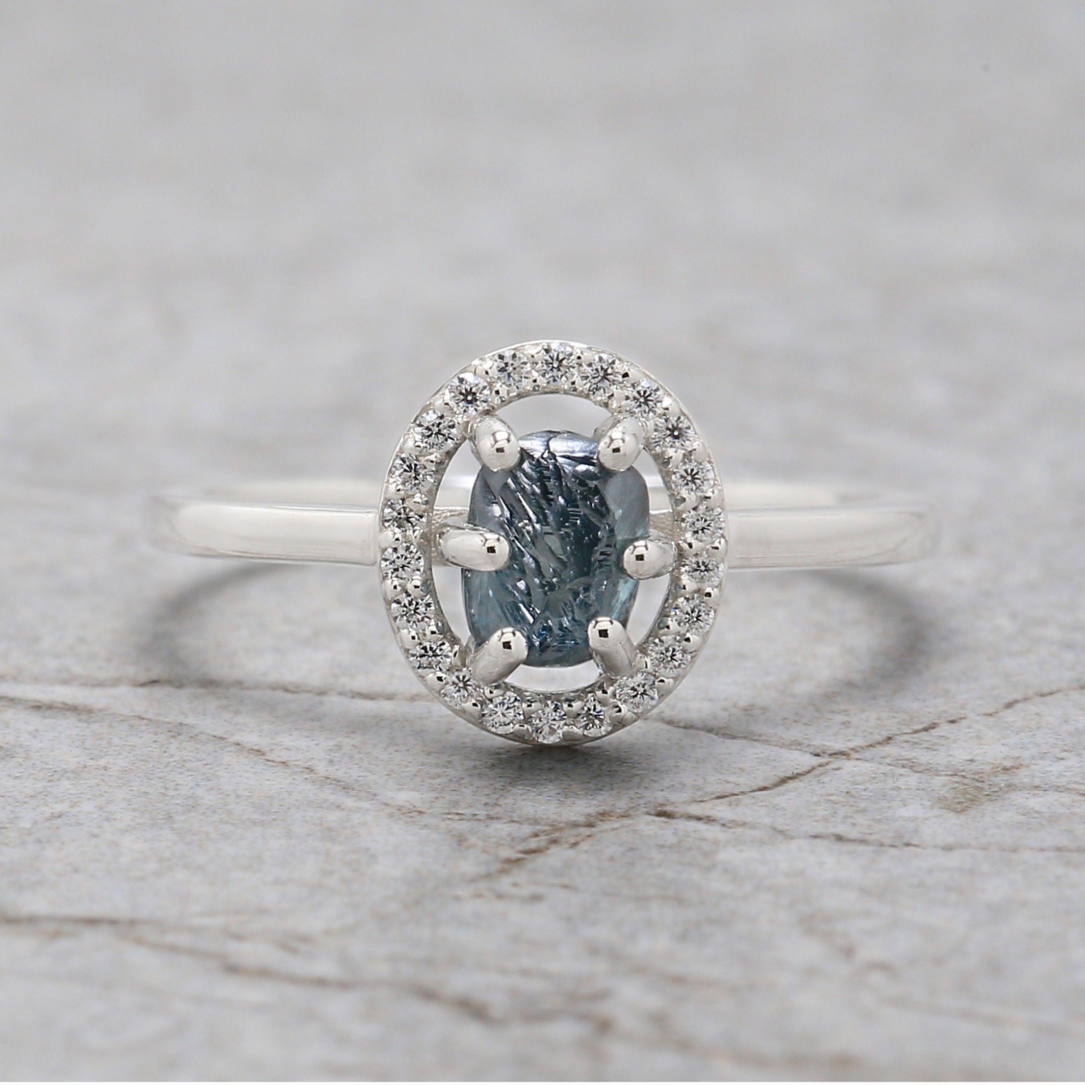Rough Blue Color Diamond Ring 0.98 Ct 5.55 MM Rough Uncut Diamond Ring 14K Solid White Gold Silver Engagement Ring Gift For Her QLB2356