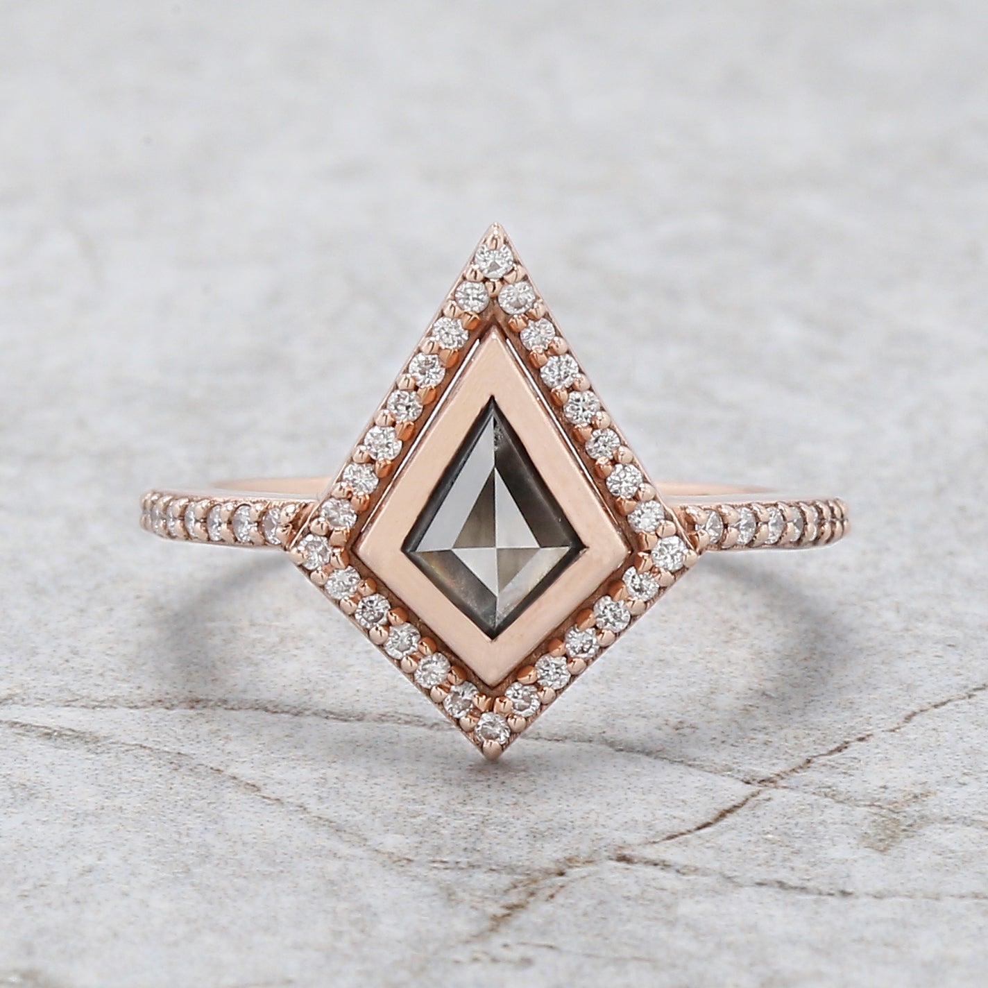 Kite Cut Salt And Pepper Diamond Ring 0.58 Ct 7.31 MM Kite Diamond Ring 14K Solid Rose Gold Silver Kite Engagement Ring Gift For Her QN2488
