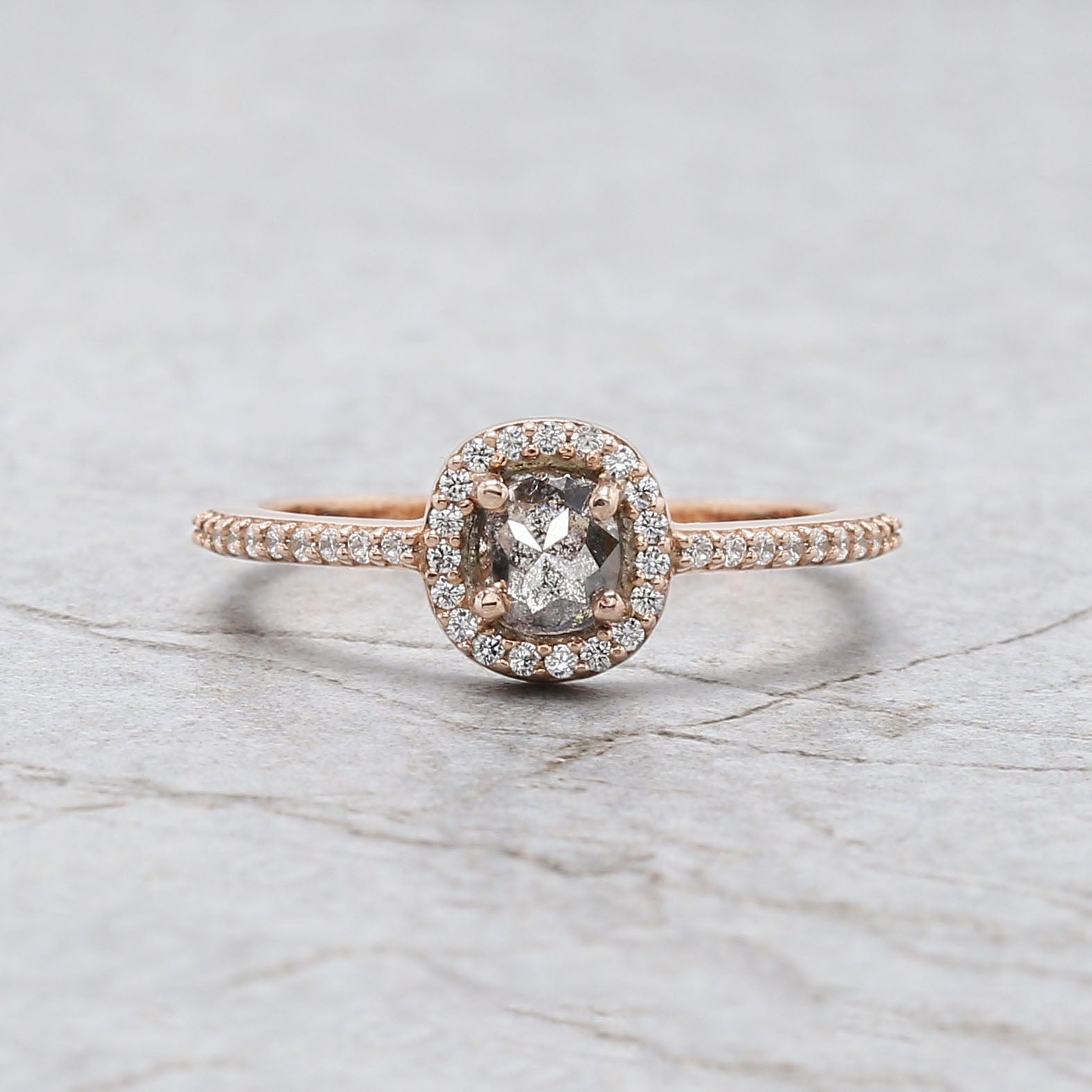 Oval Cut Salt And Pepper Diamond Ring 0.53 Ct 4.85 MM Oval Diamond Ring 14K Solid Rose Gold Silver Oval Engagement Ring Gift For Her QL3134