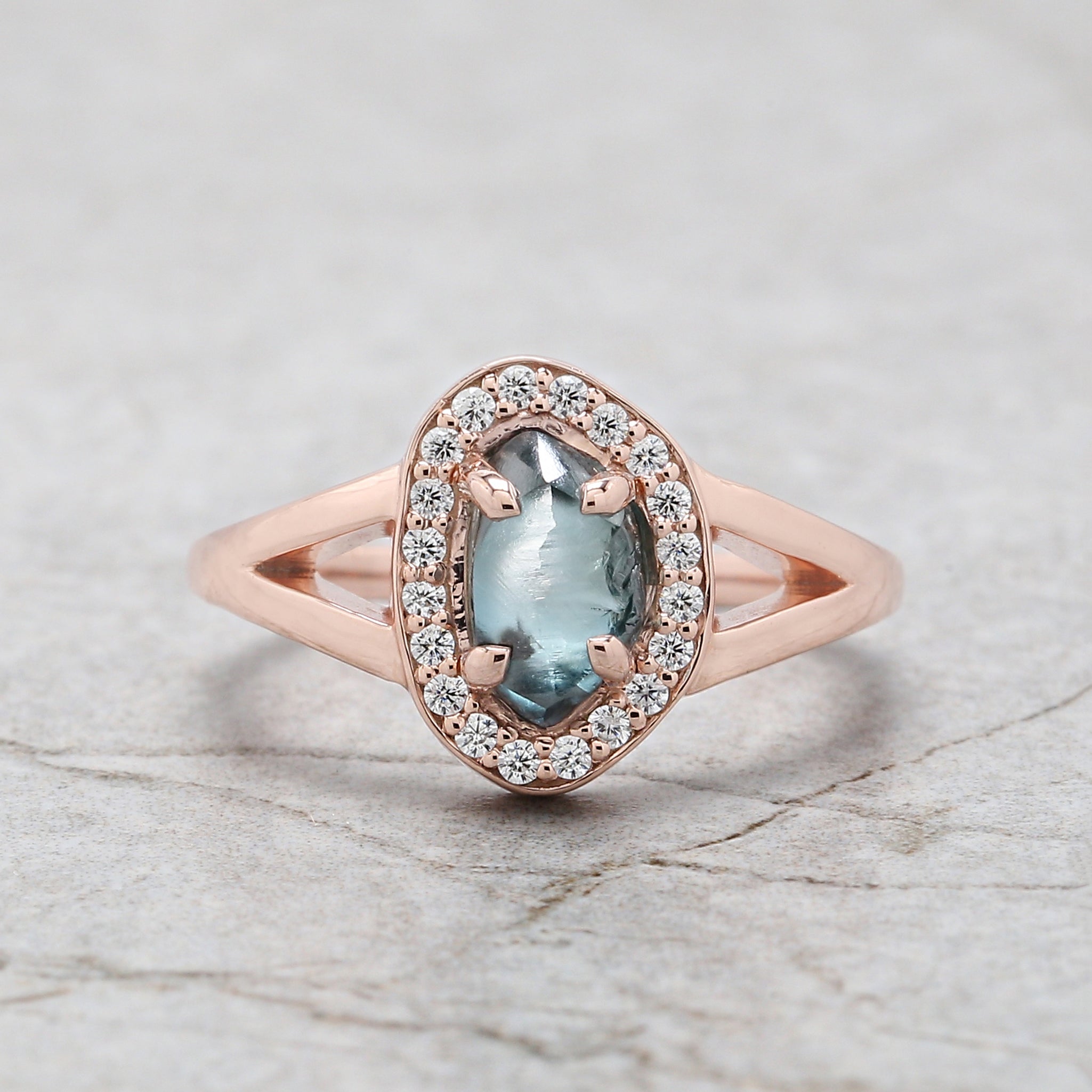Rough Blue Color Diamond Ring 1.40 Ct 8.04 MM Crystal Rough Diamond Ring 14K Solid Rose Gold Silver Engagement Ring Gift For Her QL2295
