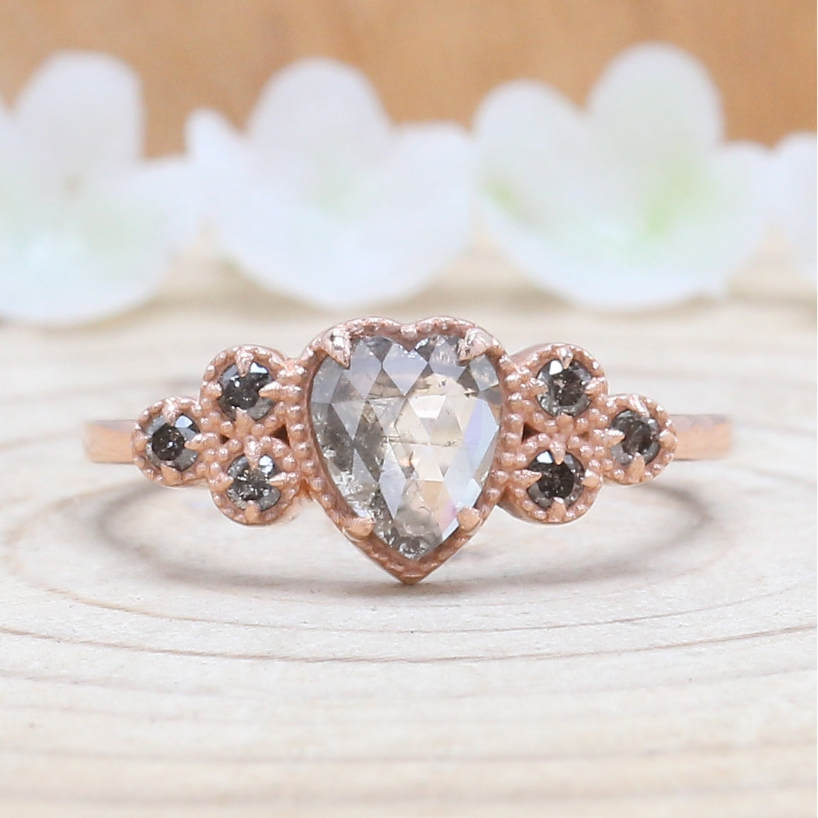 Heart Salt And Pepper Diamond Ring 0.65 Ct 6.65 MM Heart Shape Diamond Ring 14K Solid Rose Gold Silver Engagement Ring Gift For Her QL1627