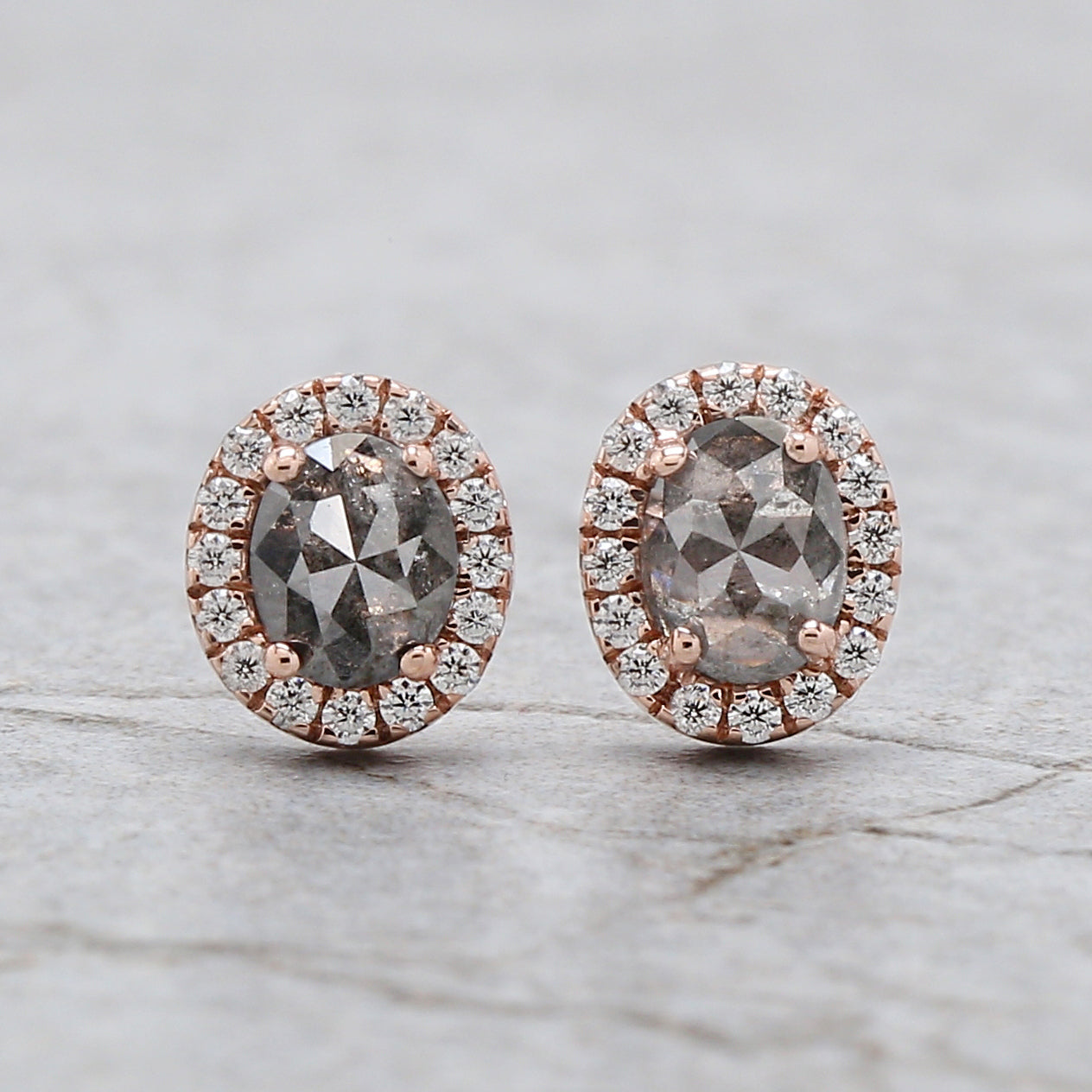 Oval Salt And Pepper Diamond Earring 0.67 Ct 5.04 MM Oval Diamond Earring 14K Solid Rose Gold Silver Engagement Earring Gift For Her QL2528