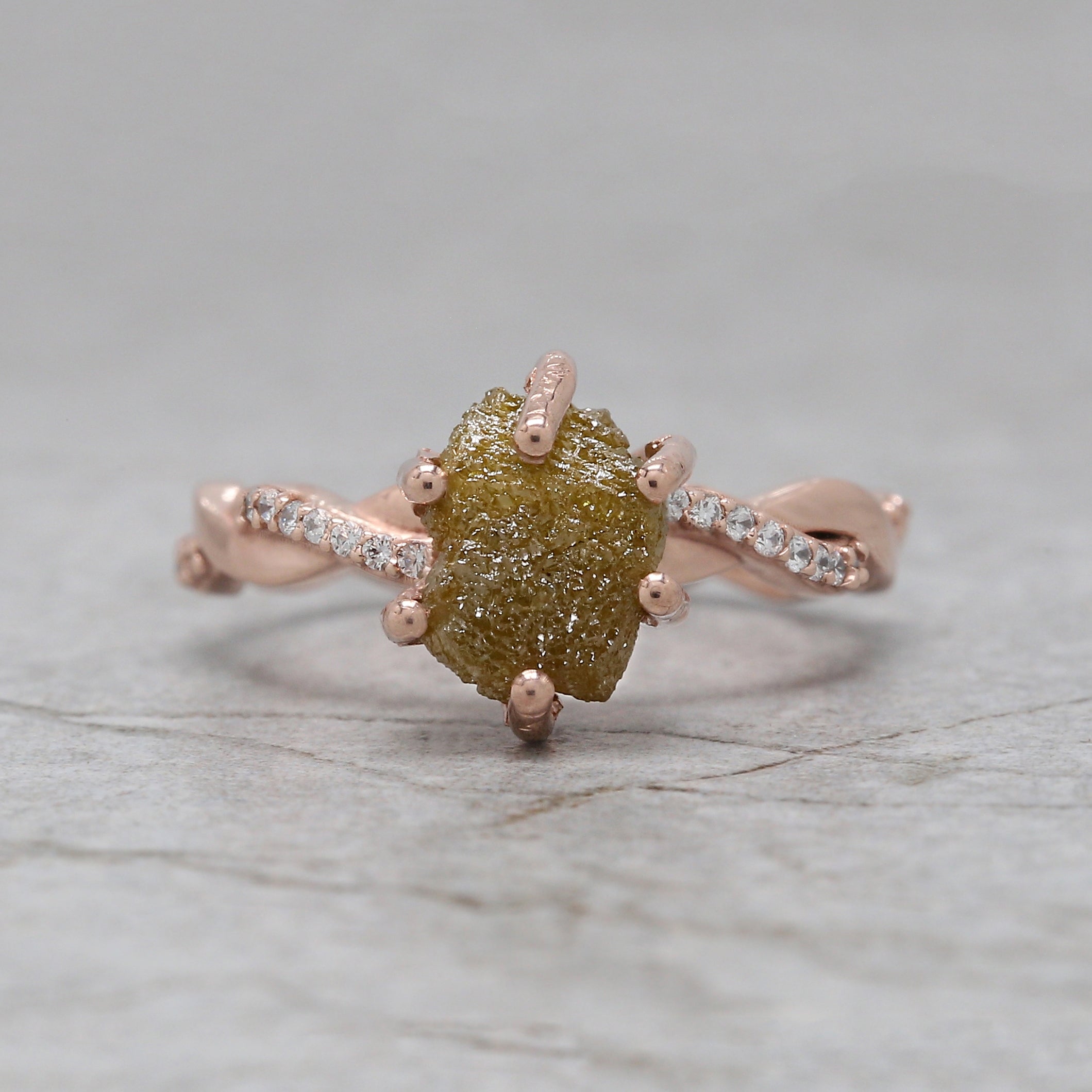 Rough Yellow Color Diamond Ring 3.34 Ct 8.50 MM Crystal Rough Diamond Ring 14K Solid Rose Gold Silver Engagement Ring Gift For Her QK1038