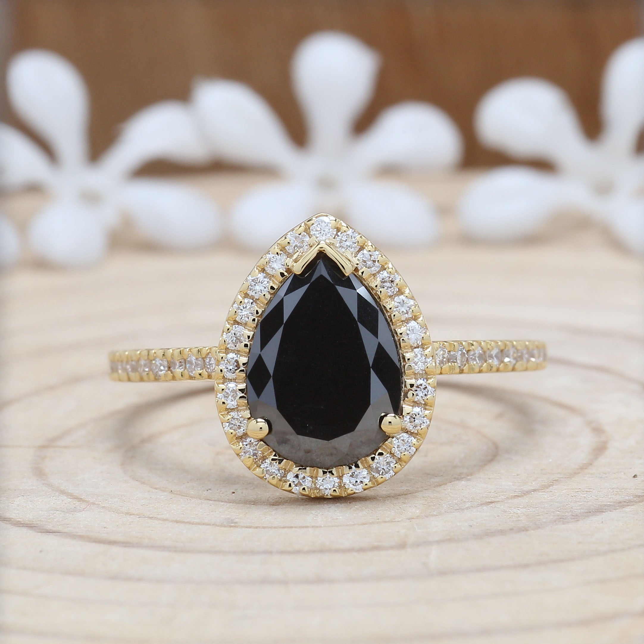 2.00 CT Black Diamond Ring, Pear Cut Diamond Ring, Engagement Ring, Rose Cut Diamond Ring, 14K Yellow Gold Ring, Wedding Ring, KD237
