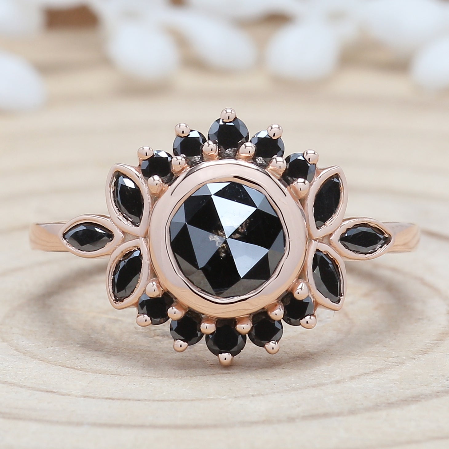 Round Rose Cut Black Color Diamond Ring 0.80 Ct 6.00 MM Rose Cut Diamond Ring 14K Solid Rose Gold Silver Engagement Ring Gift For Her QN9075