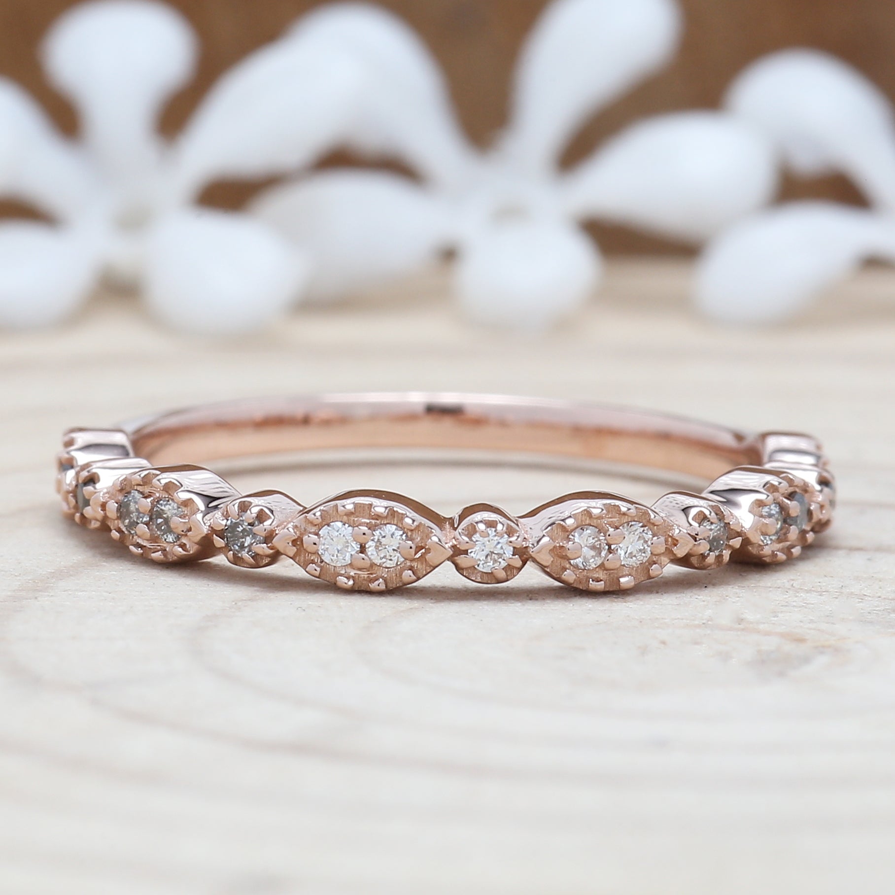 White Diamond Band, Black Diamond Band, Salt And Pepper Diamond Band, Round Cut Diamond Band, Engagement Band, 14K Rose Gold Band, KD926