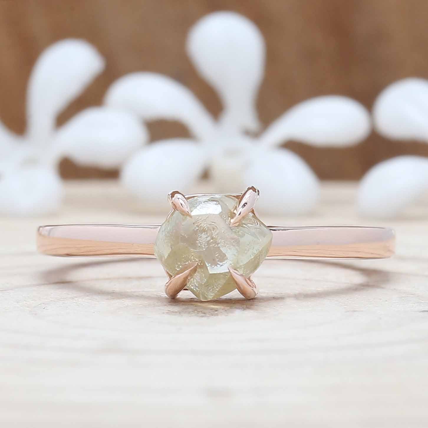 Rough Yellow Color Diamond Ring 1.29 Ct 5.45 MM Crystal Rough Diamond Ring 14K Solid Rose Gold Silver Engagement Ring Gift For Her QL3124