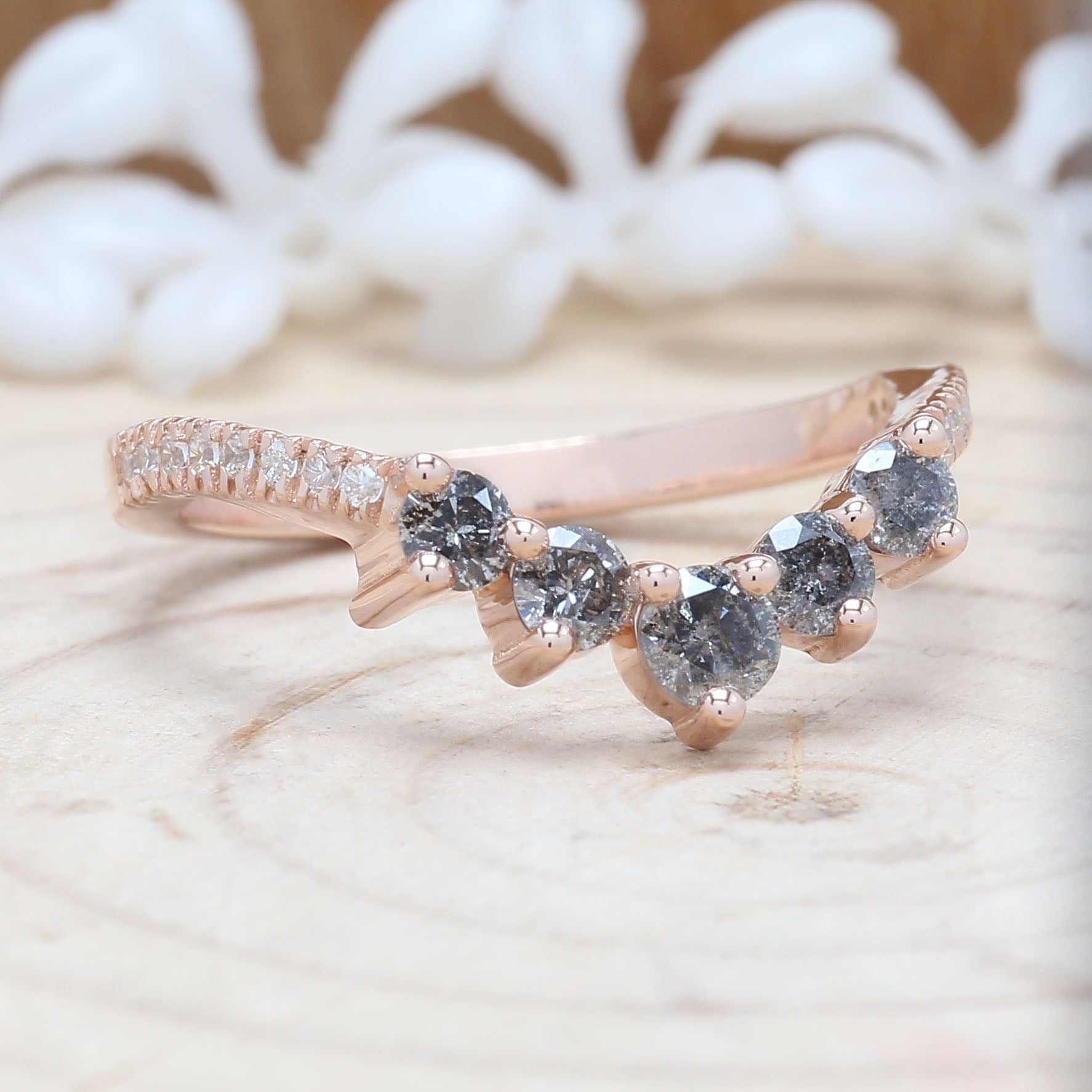 14K Solid Rose White Yellow Gold Band White Salt And Pepper Round Diamond Engagement Wedding Gift Band KD875