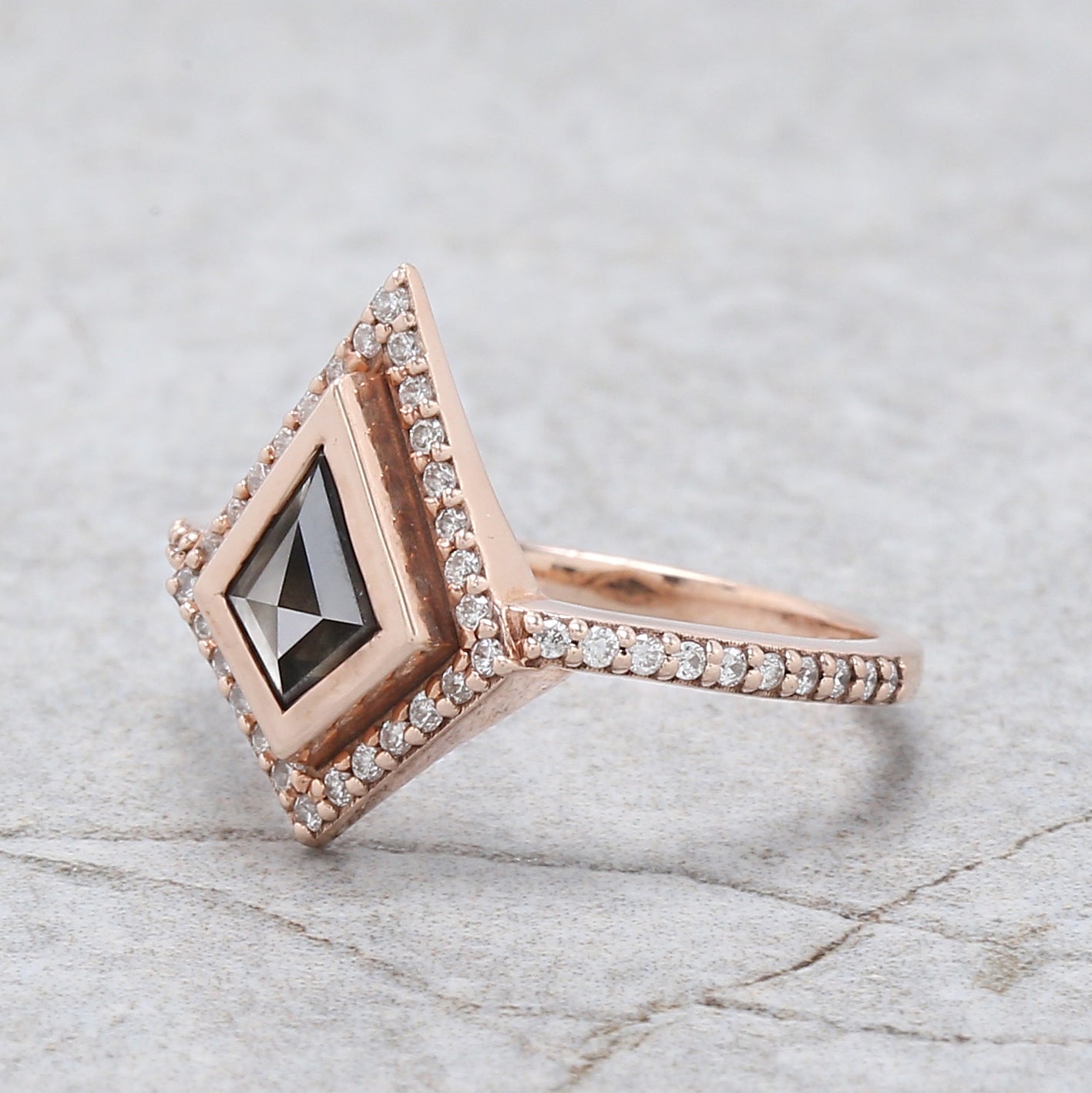 Kite Cut Salt And Pepper Diamond Ring 0.58 Ct 7.31 MM Kite Diamond Ring 14K Solid Rose Gold Silver Kite Engagement Ring Gift For Her QN2488