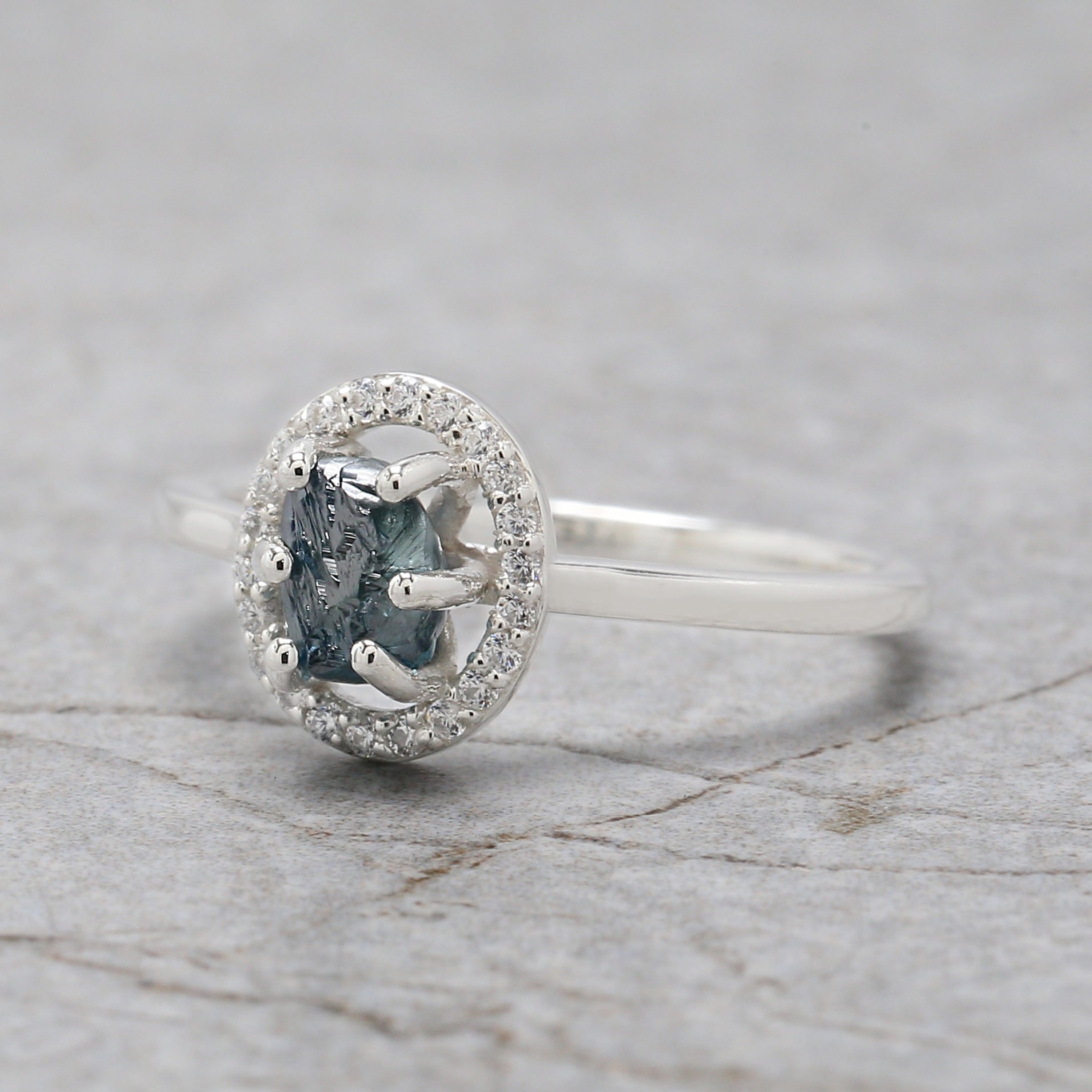 Rough Blue Color Diamond Ring 0.98 Ct 5.55 MM Rough Uncut Diamond Ring 14K Solid White Gold Silver Engagement Ring Gift For Her QLB2356
