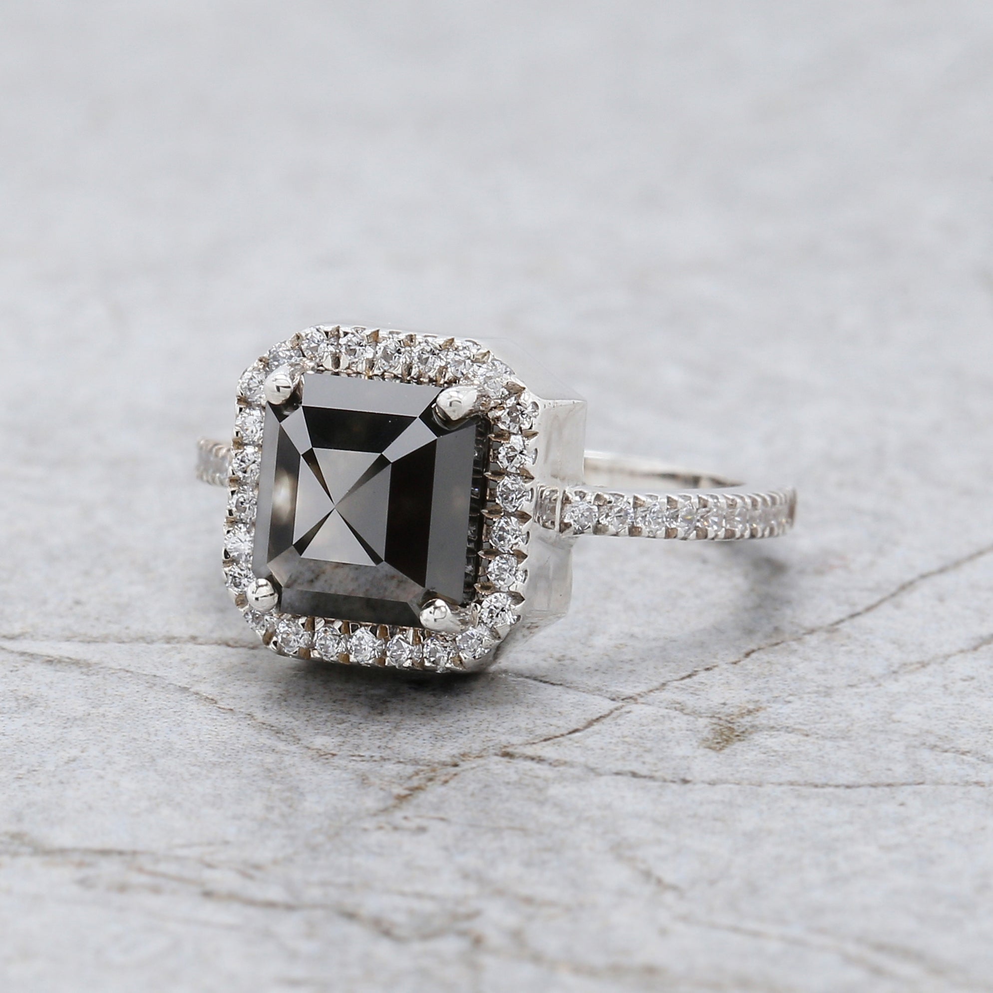 Emerald Cut Salt And Pepper Diamond Ring 3.05 Ct 7.90 MM Emerald Diamond Ring 14K Solid White Gold Silver Engagement Ring Gift For Her QL9503