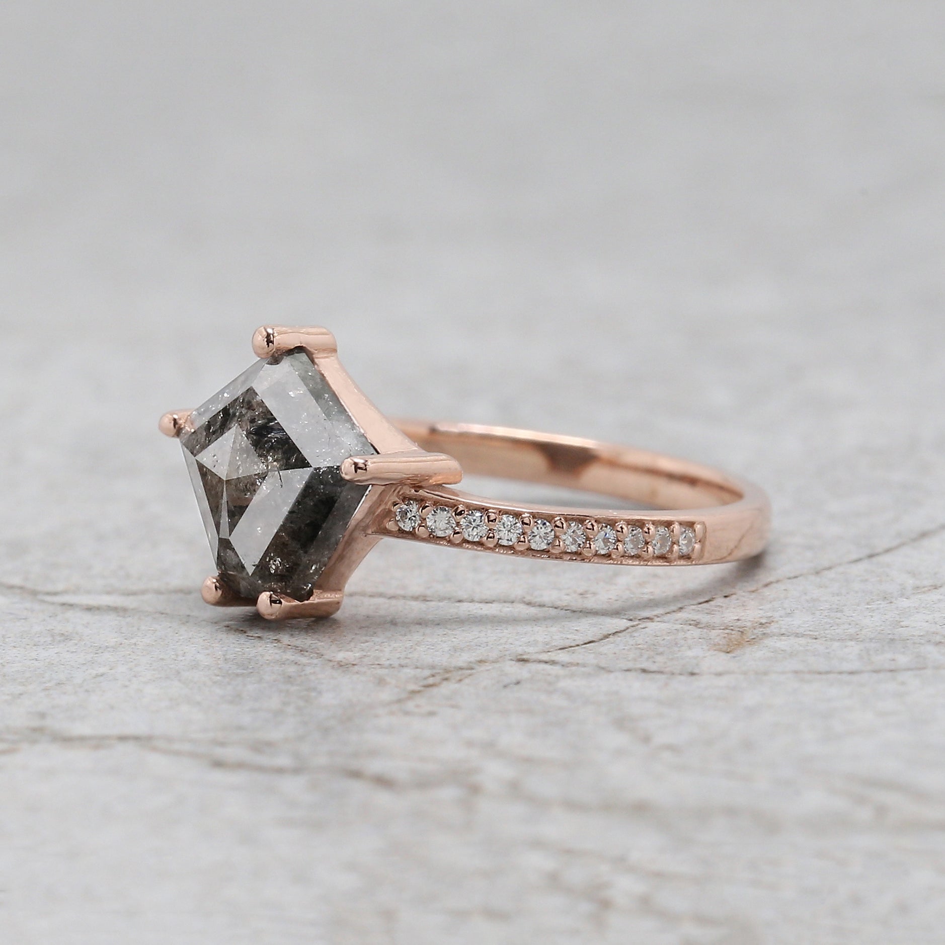 Pentagon Cut Salt And Pepper Diamond Ring 2.03 Ct 8.70 MM Pentagon Diamond Ring 14K Rose Gold Silver Engagement Ring Gift For Her QL9999