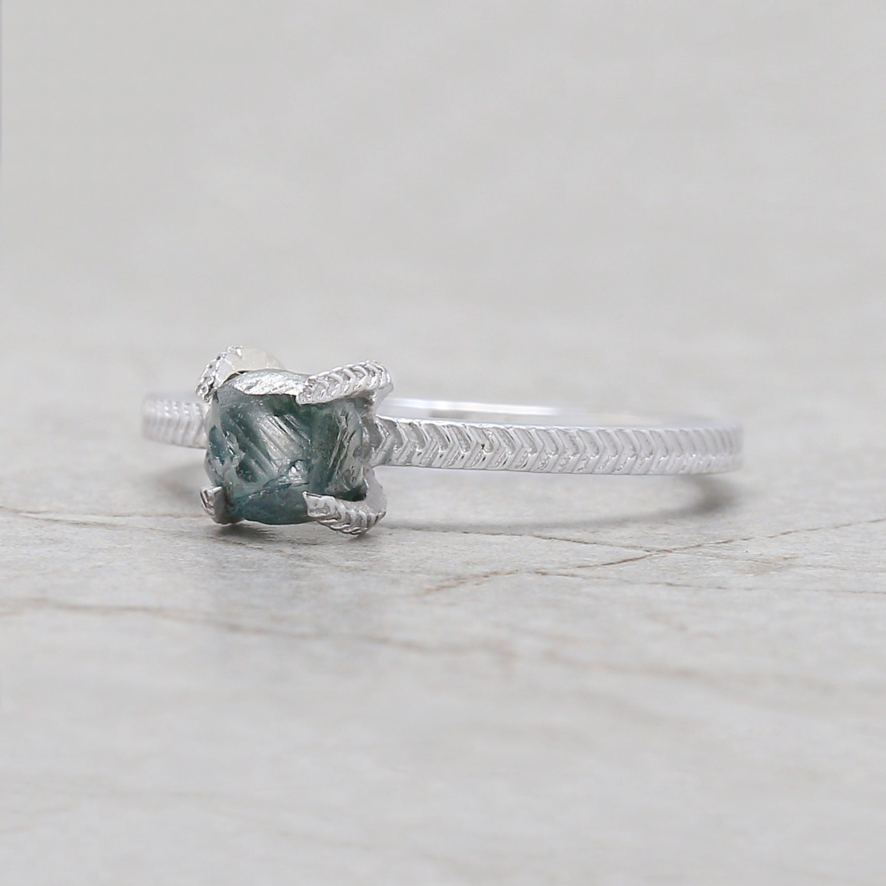 Rough Blue Color Diamond Ring 1.11 Ct 5.85 MM Crystal Rough Diamond Ring 14K Solid White Gold Silver Engagement Ring Gift For Her QL2358