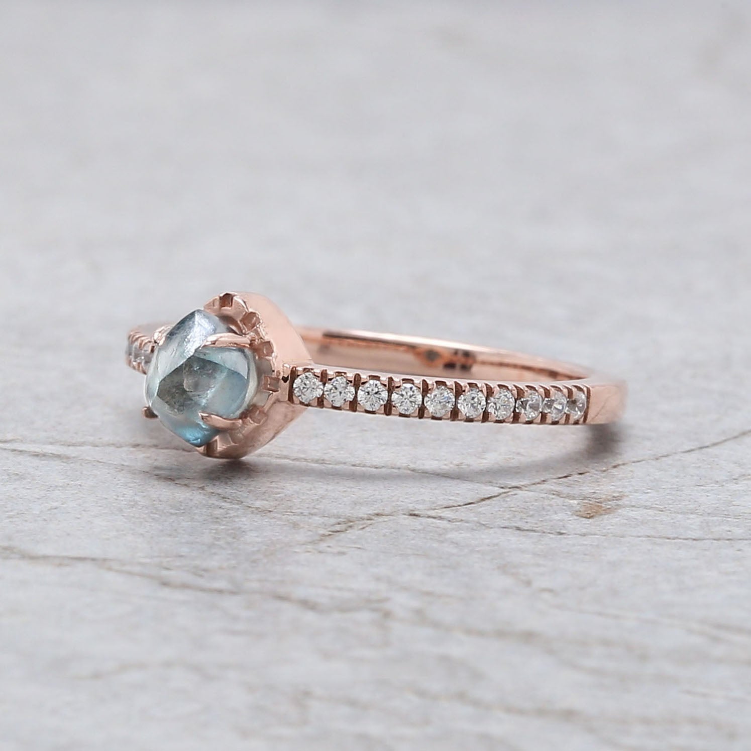 Rough Blue Color Diamond Ring 0.79 Ct 5.43 MM Crystal Rough Diamond Ring 14K Solid Rose Gold Silver Engagement Ring Gift For Her QL2225