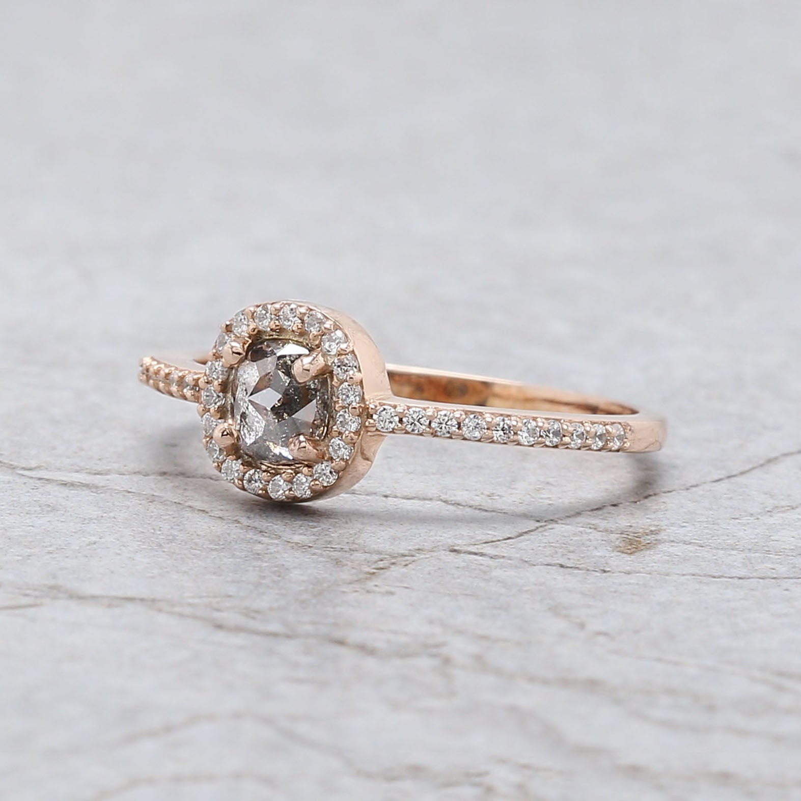 Oval Cut Salt And Pepper Diamond Ring 0.53 Ct 4.85 MM Oval Diamond Ring 14K Solid Rose Gold Silver Oval Engagement Ring Gift For Her QL3134