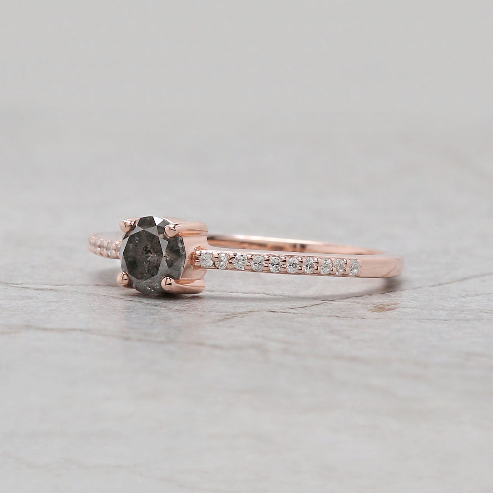 Round Cut Salt And Pepper Diamond Ring 0.58 Ct 4.95MM Round Diamond Ring 14K Solid Rose Gold Silver Engagement Ring Gift For Her QL7918