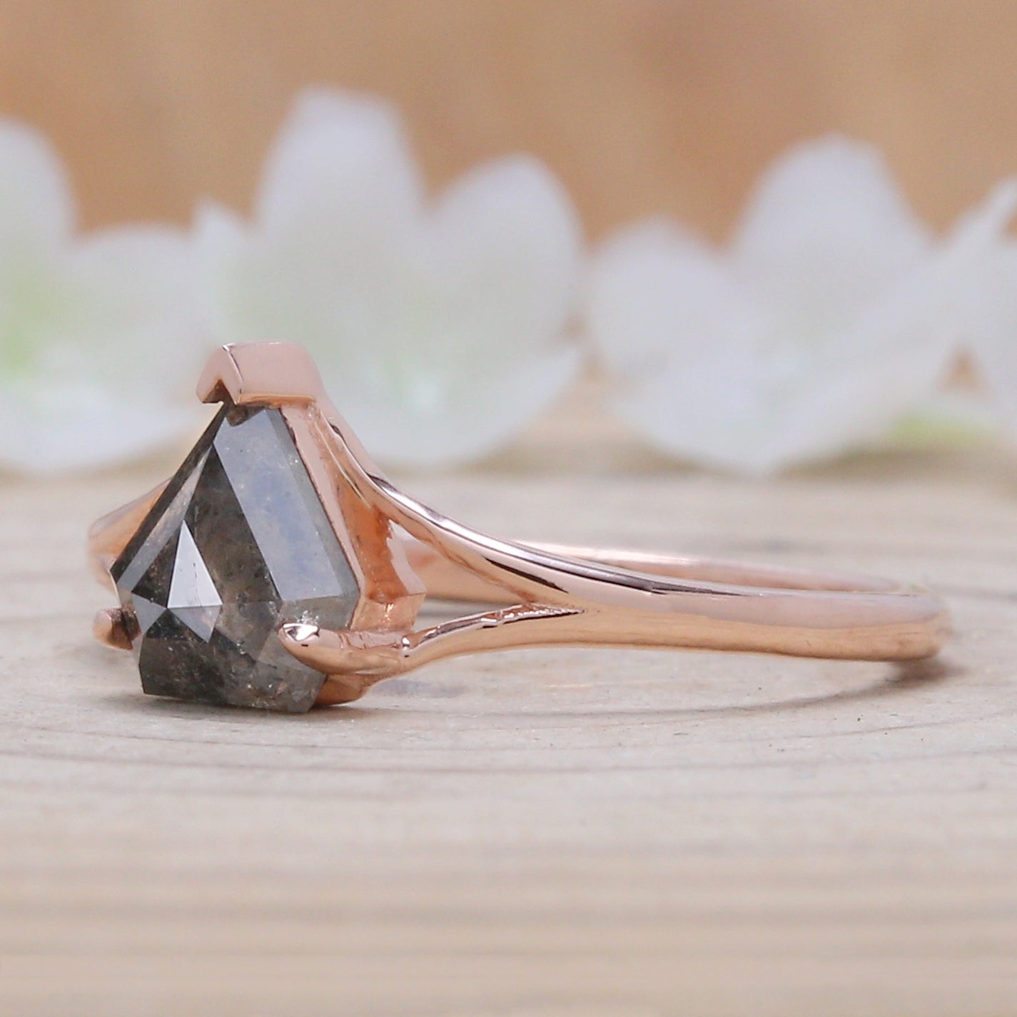 Shield Salt And Pepper Diamond Ring 0.88 Ct 7.20 MM Shield Shape Diamond Ring 14K Solid Rose Gold Silver Engagement Ring Gift For Her QN9205