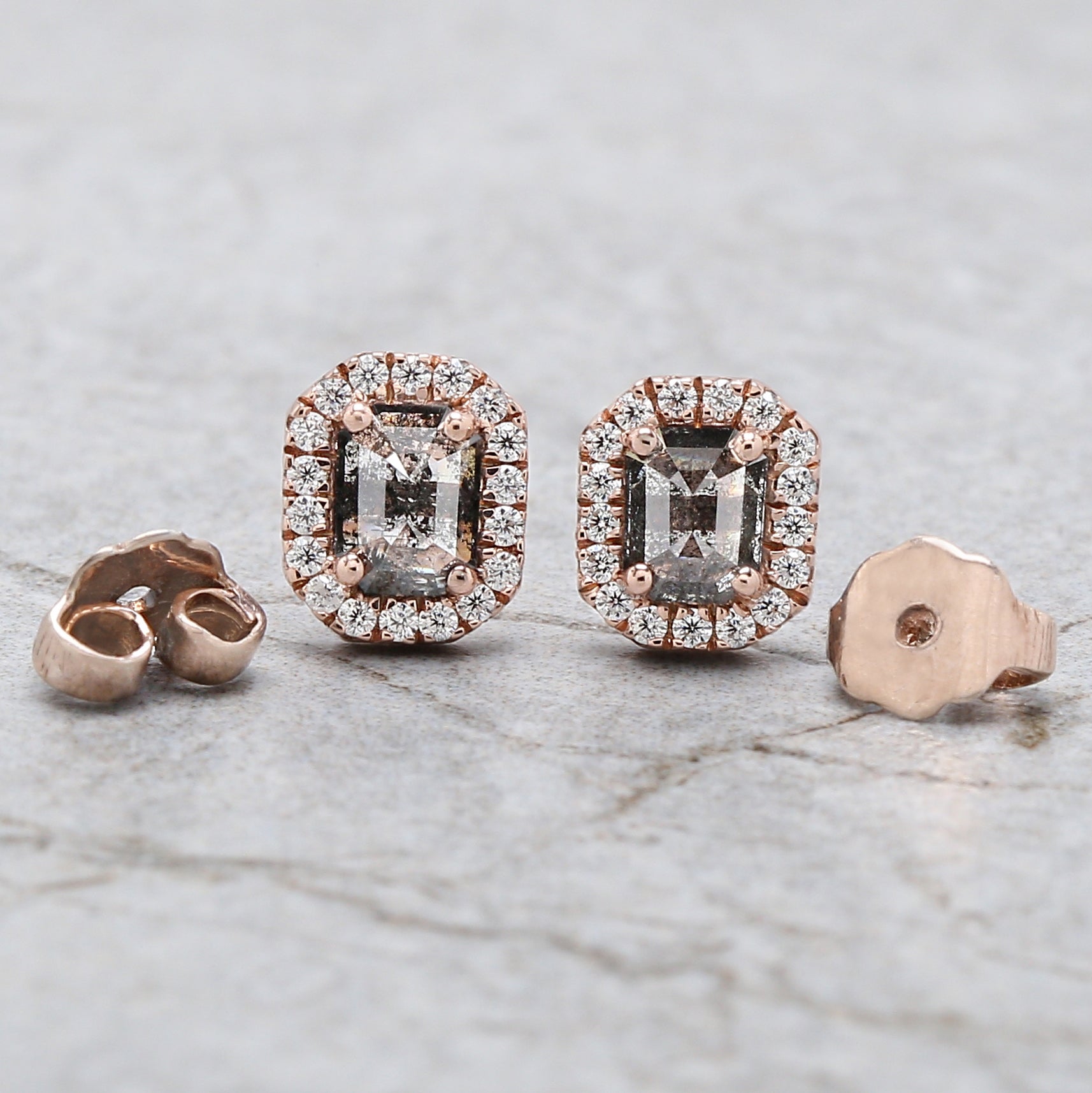 0.65Ct Natural Emerald Salt and Pepper Diamond Earring 4.80 MM Emerald Diamond Earring 14K Solid Rose Gold Silver Engagement Earring QL2544