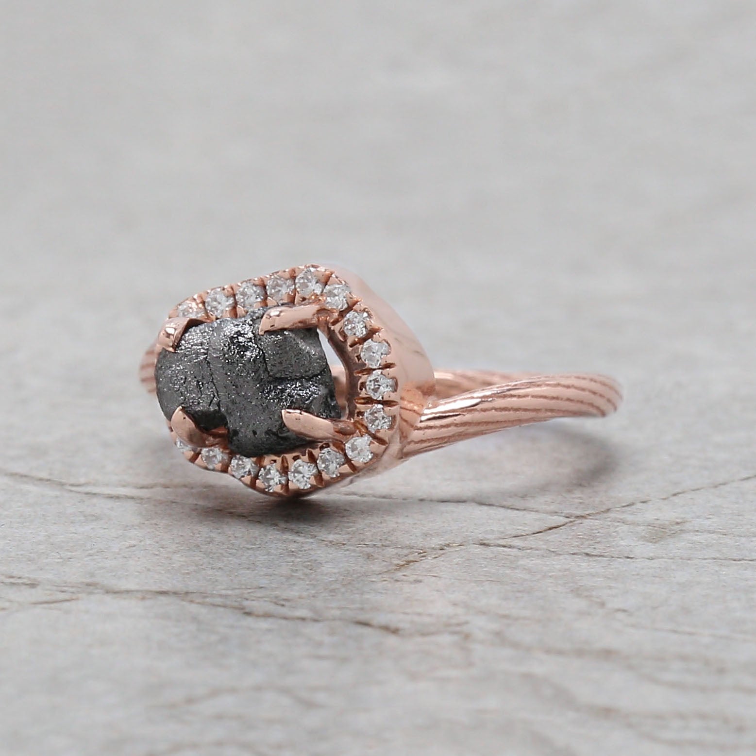 Rough Black Color Diamond Ring 1.91 Ct 7.30 MM Rough Uncut Diamond Ring 14K Solid Rose Gold Silver Rough Engagement Ring Gift For Her QL6713