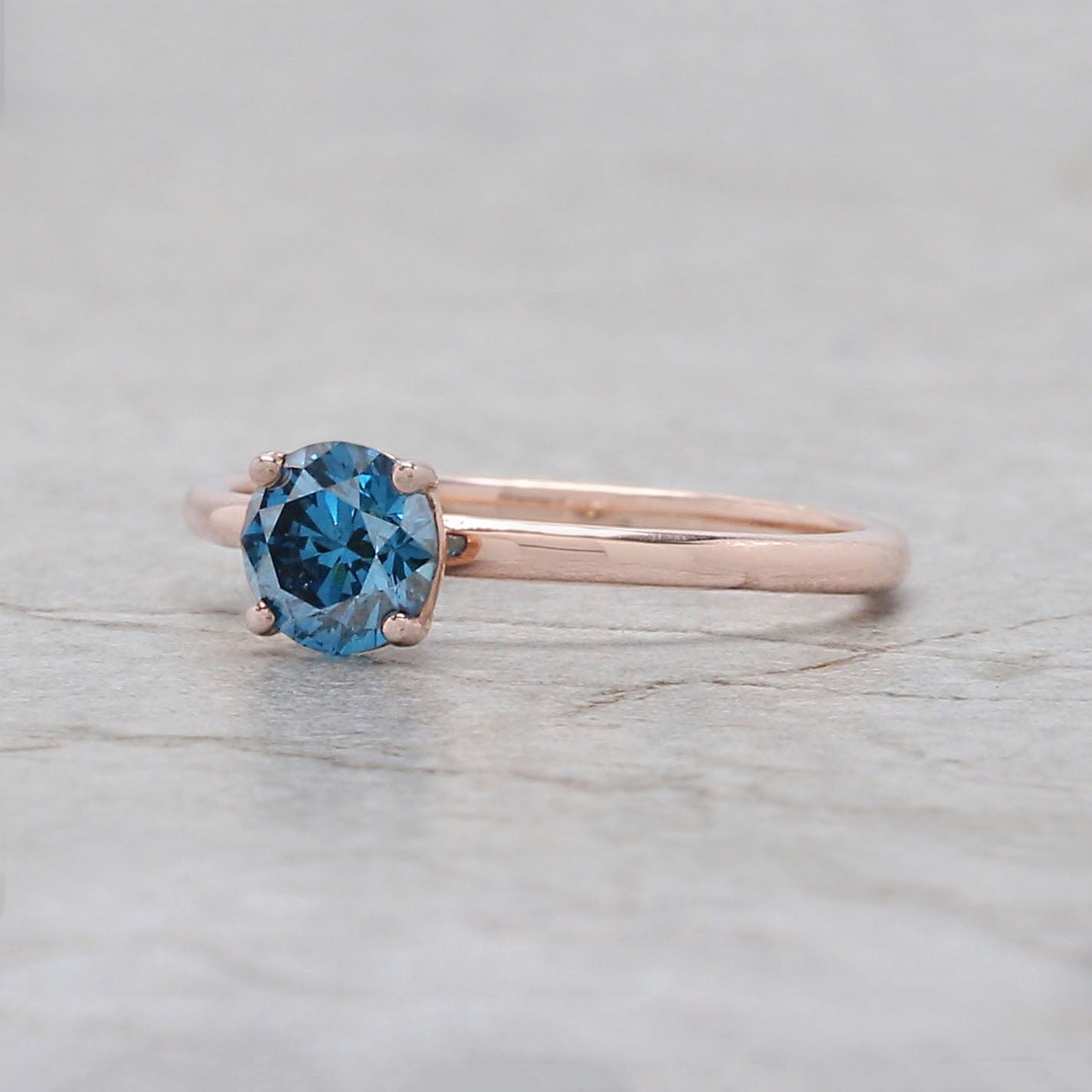 0.56 Ct Natural Round Shape Blue Color Diamond Ring 5.20 MM Round Cut Diamond Ring 14K Solid Rose Gold Silver Engagement Ring QL1793