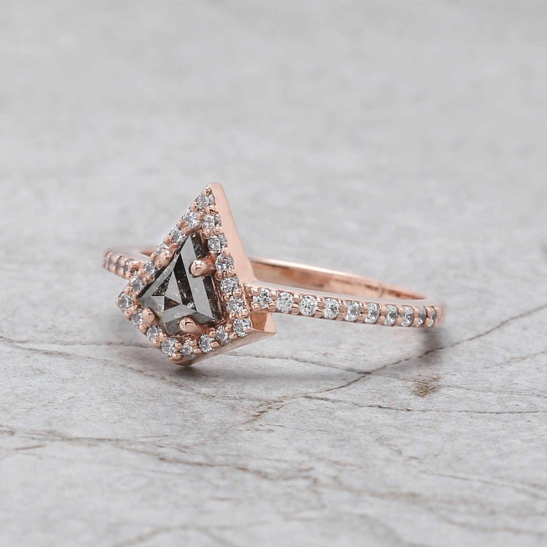 Kite Cut Salt And Pepper Diamond Ring 0.53 Ct 6.30 MM Kite Diamond Ring 14K Solid Rose Gold Silver Kite Engagement Ring Gift For Her QL3131