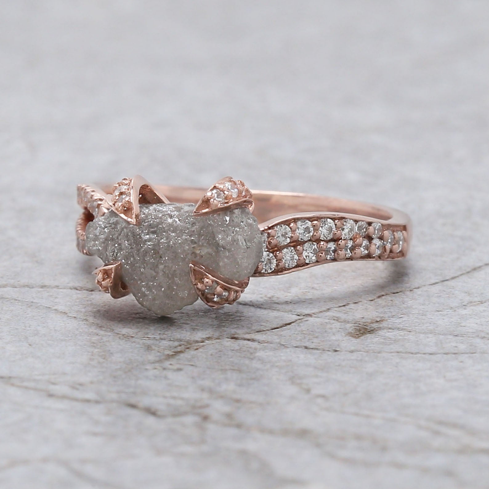 Rough Salt And Pepper Diamond Ring 2.17 Ct 10.25 MM Rough Shape Diamond Ring 14K Solid Rose Gold Silver Engagement Ring Gift For Her QK2479