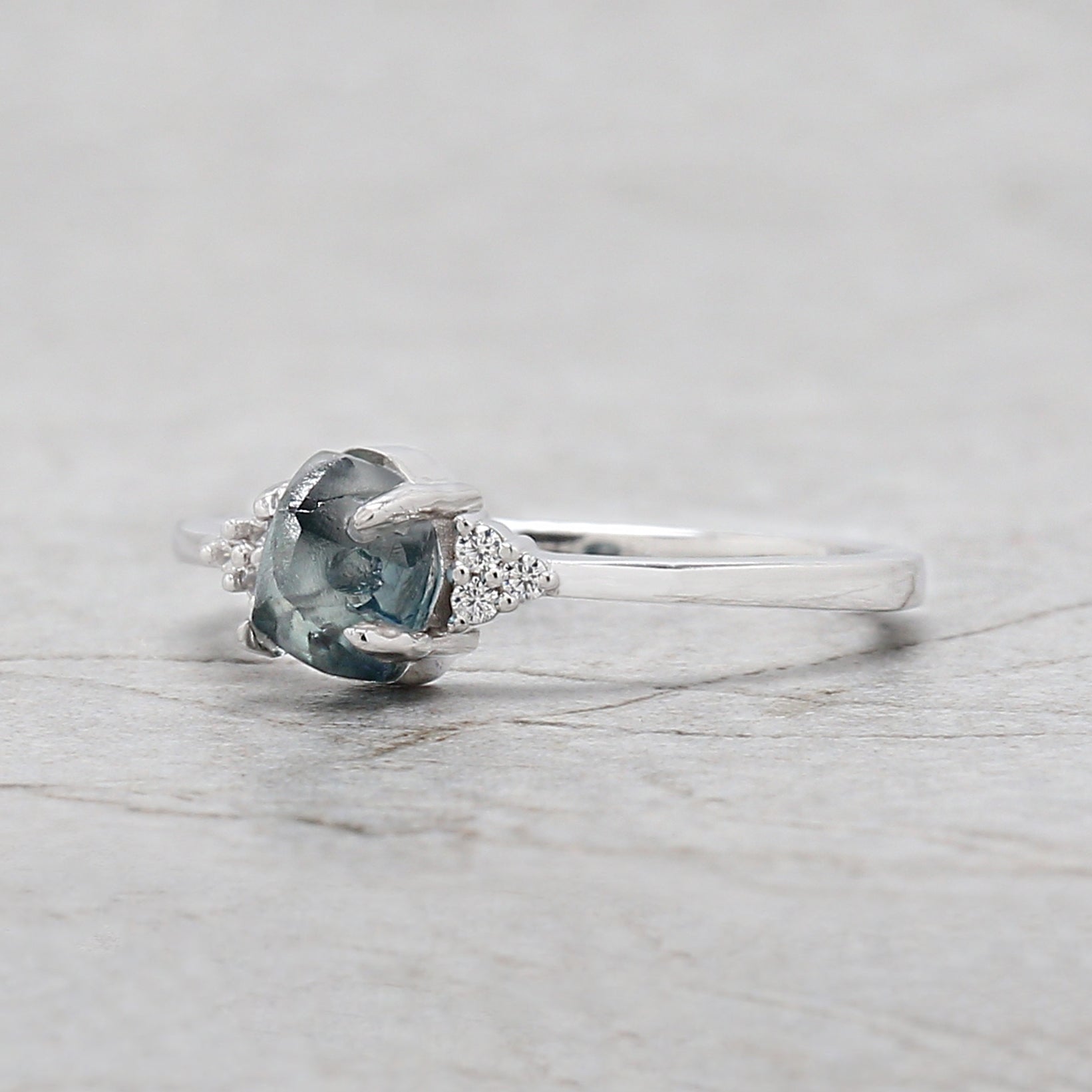 Rough Blue Color Diamond Ring 0.99 Ct 5.83 MM Crystal Rough Diamond Ring 14K Solid White Gold Silver Engagement Ring Gift For Her QL2361
