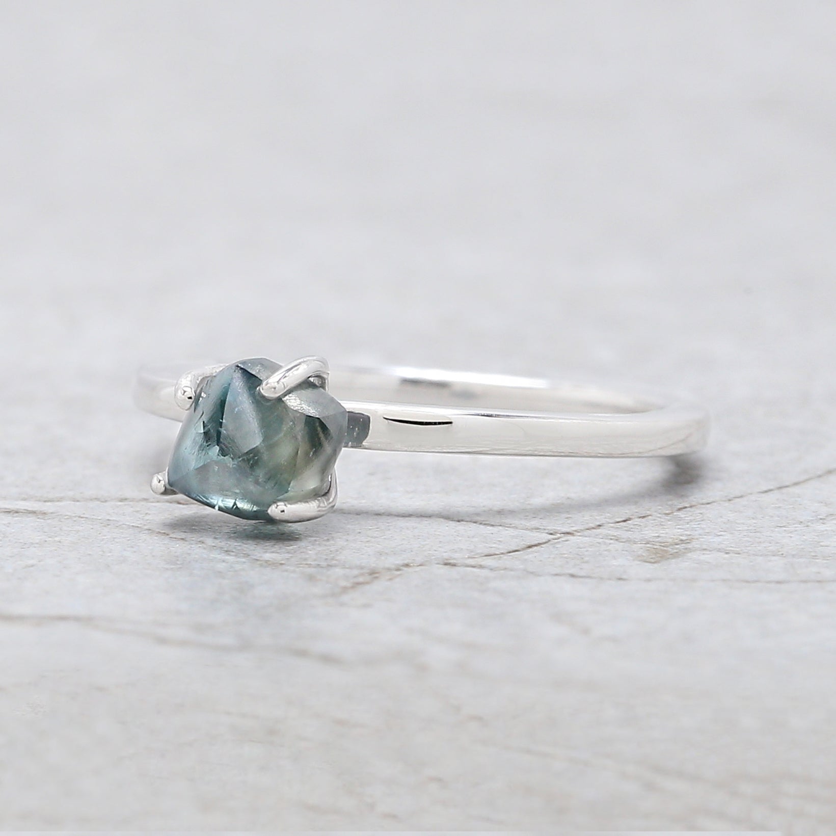 Rough Cut Blue Color Diamond Ring 1.35 Ct 6.40 MM Crystal Rough Diamond Ring 14K Solid White Gold Silver Engagement Ring Gift For Her QL2350