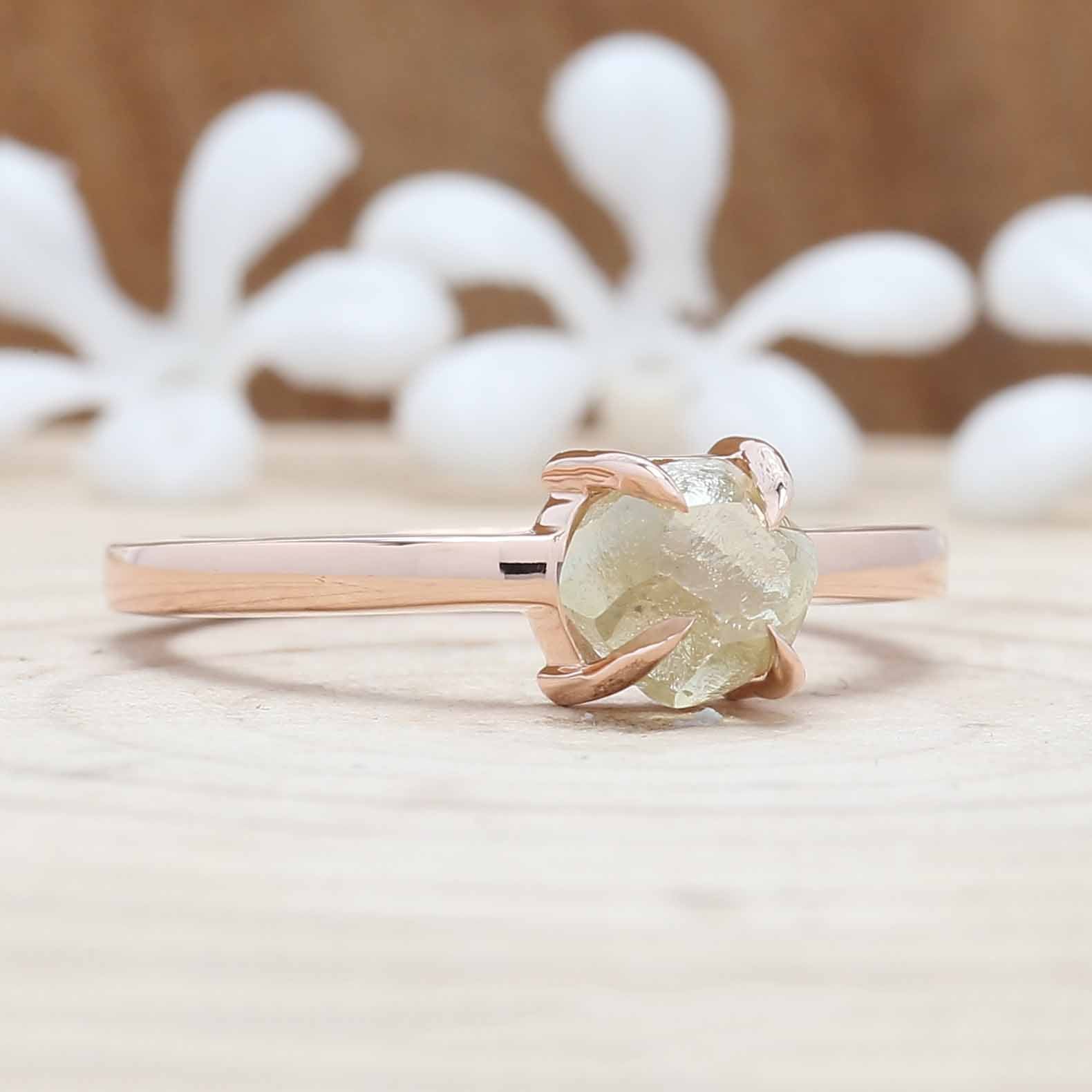 Rough Yellow Color Diamond Ring 1.29 Ct 5.45 MM Crystal Rough Diamond Ring 14K Solid Rose Gold Silver Engagement Ring Gift For Her QL3124